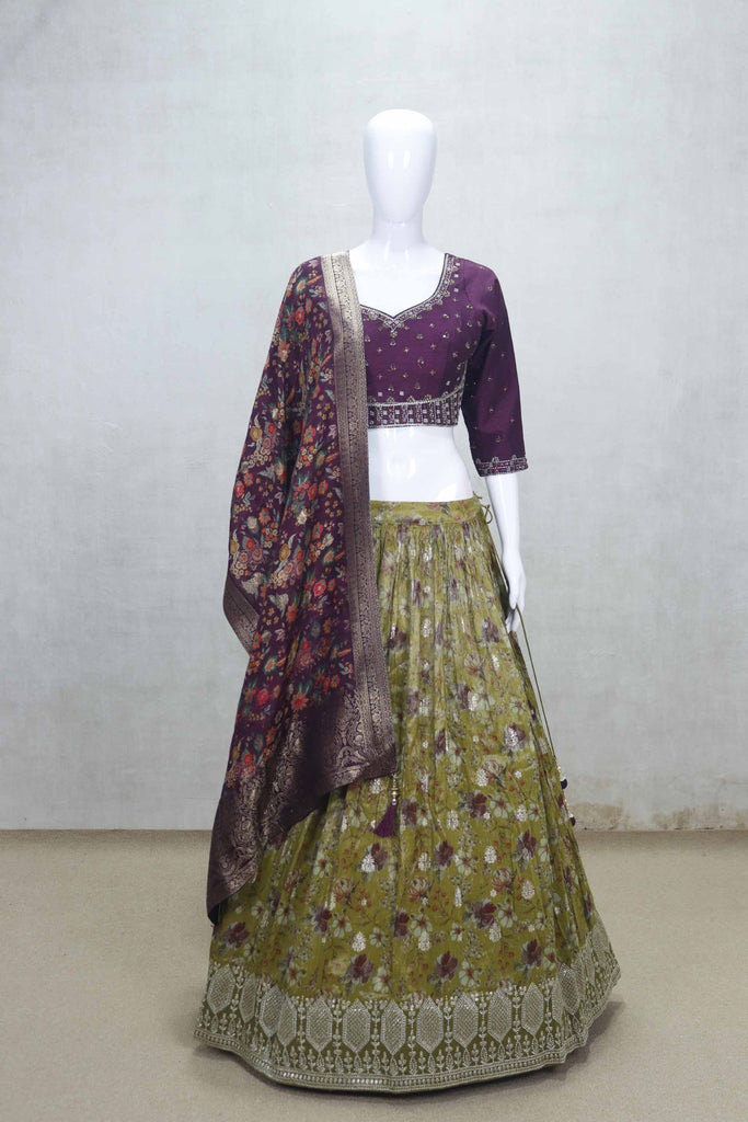 Olive Green Floral Printed Lehenga Choli Set with Embroidered Maroon Blouse - Mangaldeep NX