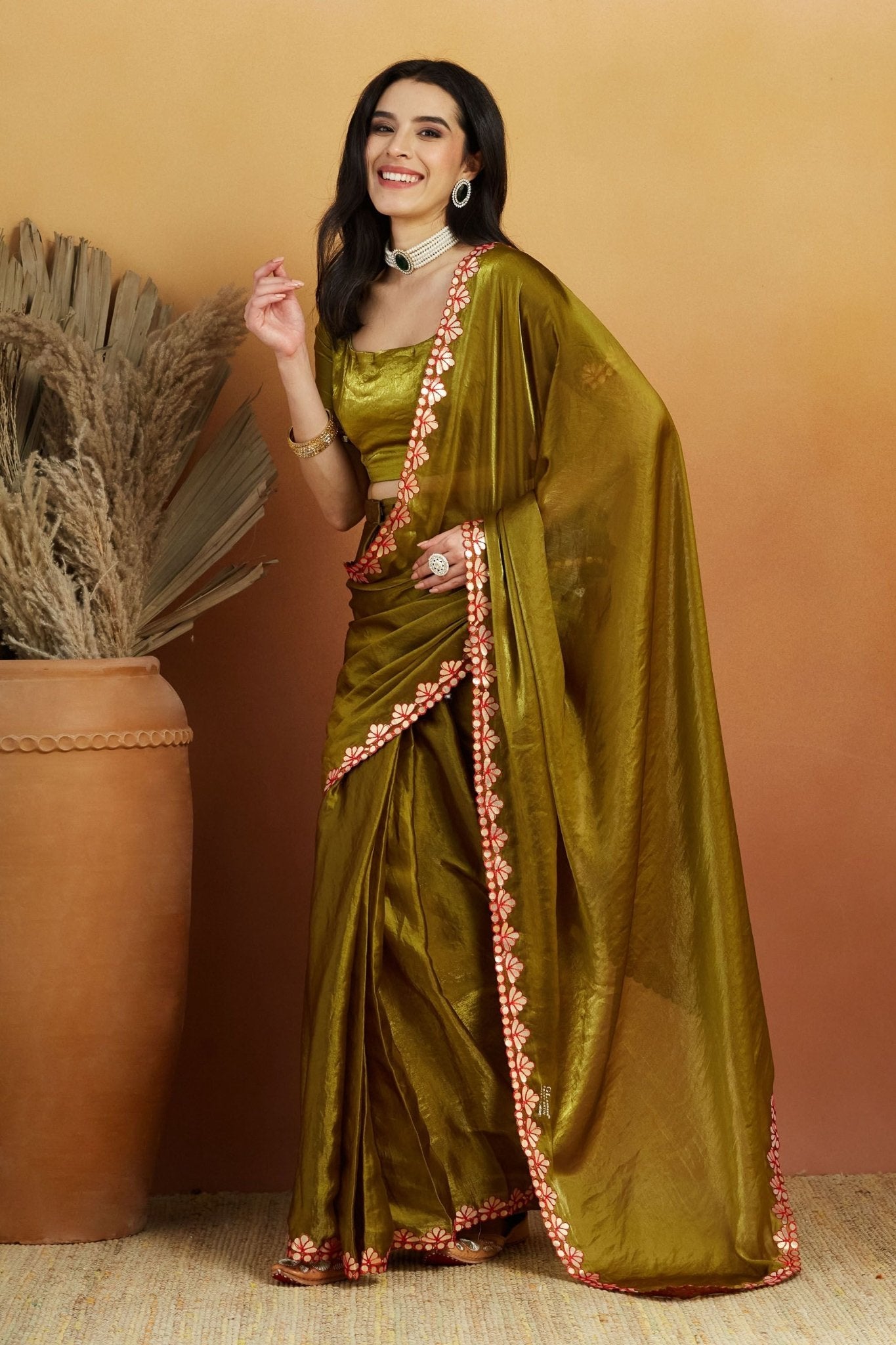 Olive Green Satin Saree with Mirror Work Floral Border and Unstitched Blouse Piece - Mangaldeep NX
