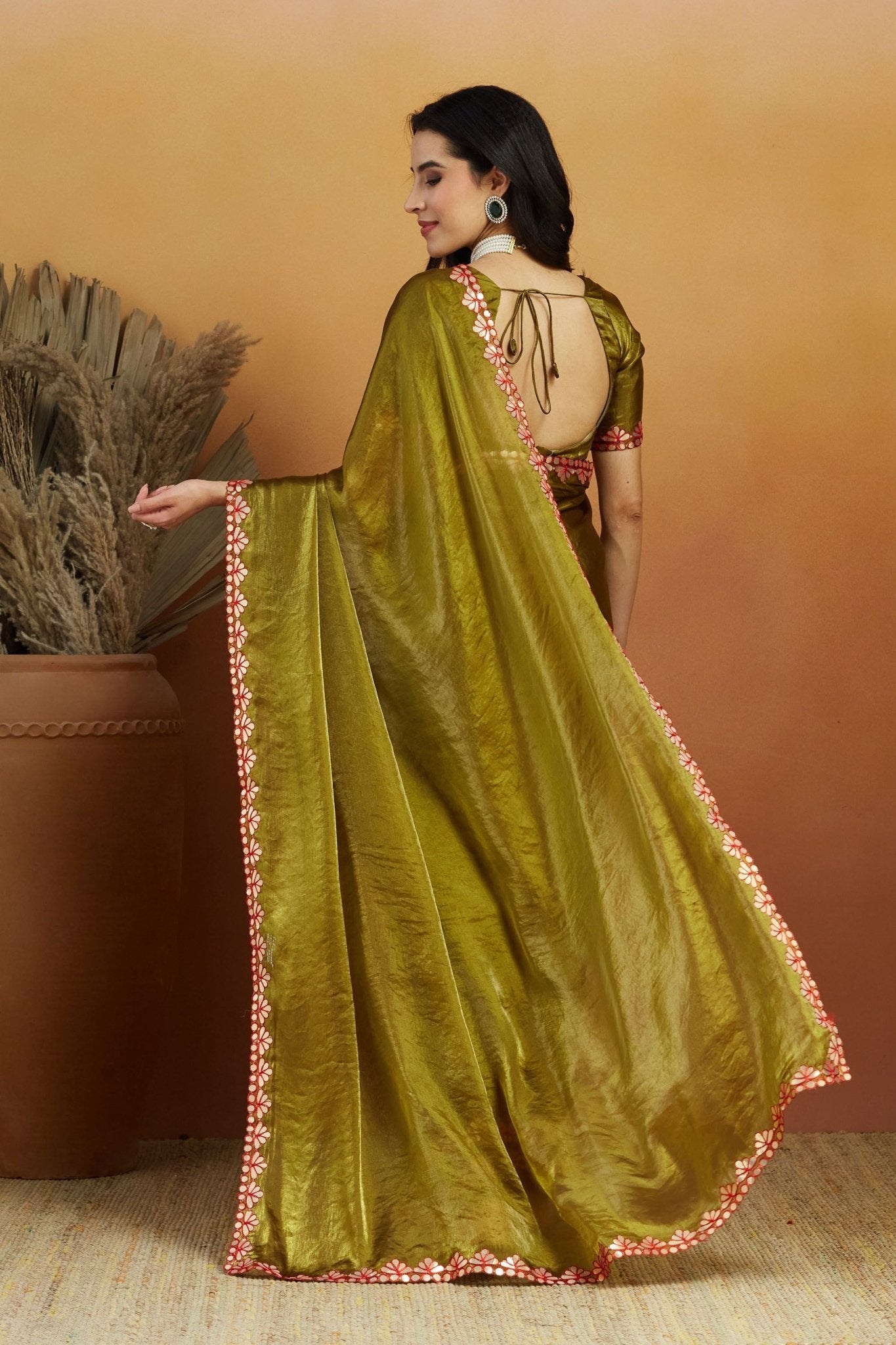 Olive Green Satin Saree with Mirror Work Floral Border and Unstitched Blouse Piece - Mangaldeep NX