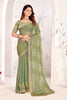 Olive Green Silk Saree with Embroidered Motifs and Golden Lace Border - Mangaldeep NX