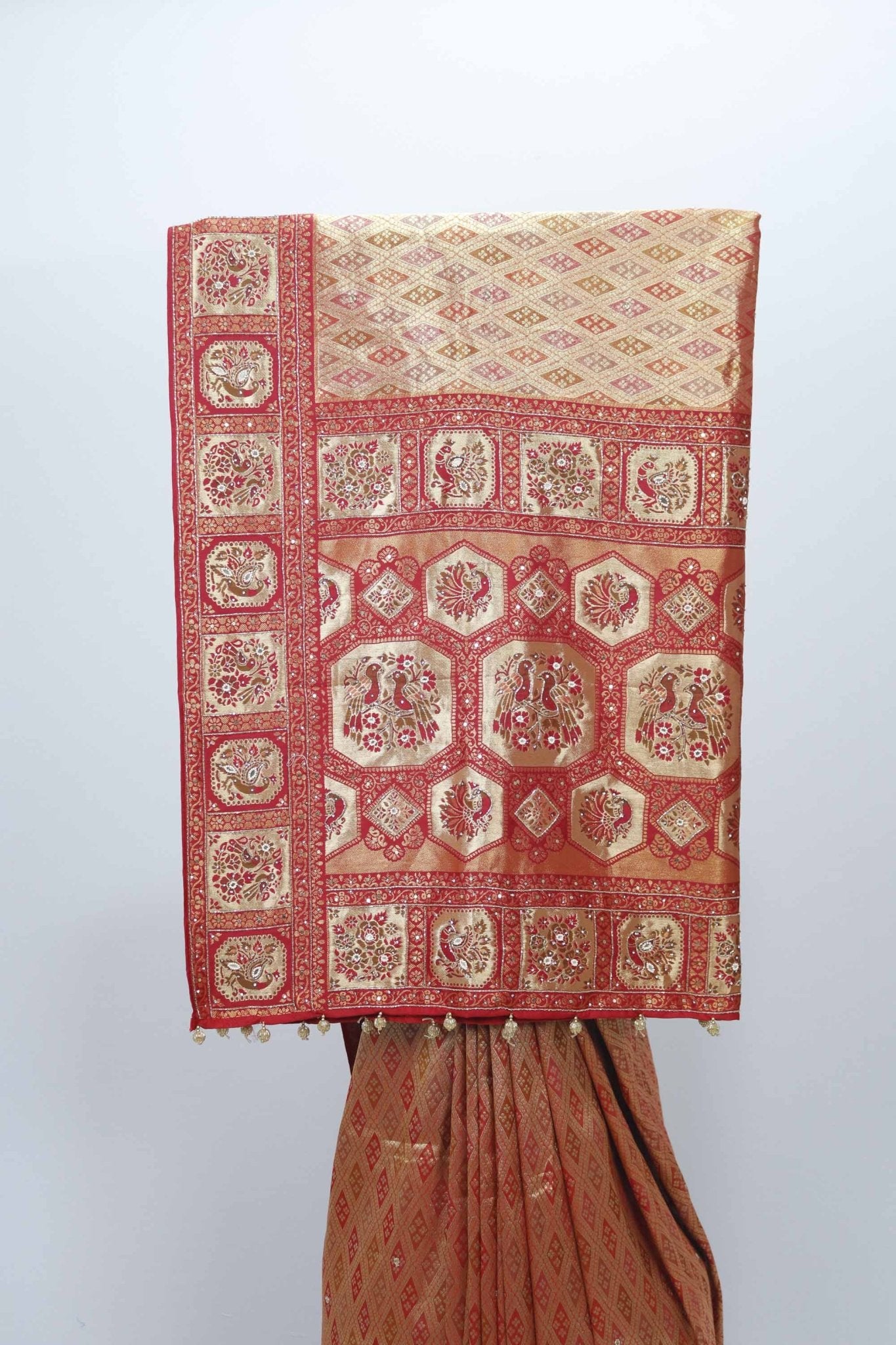 Orange and Red Kanjivaram Silk Saree with Heavy Zari Woven Pallu - Mangaldeep NX