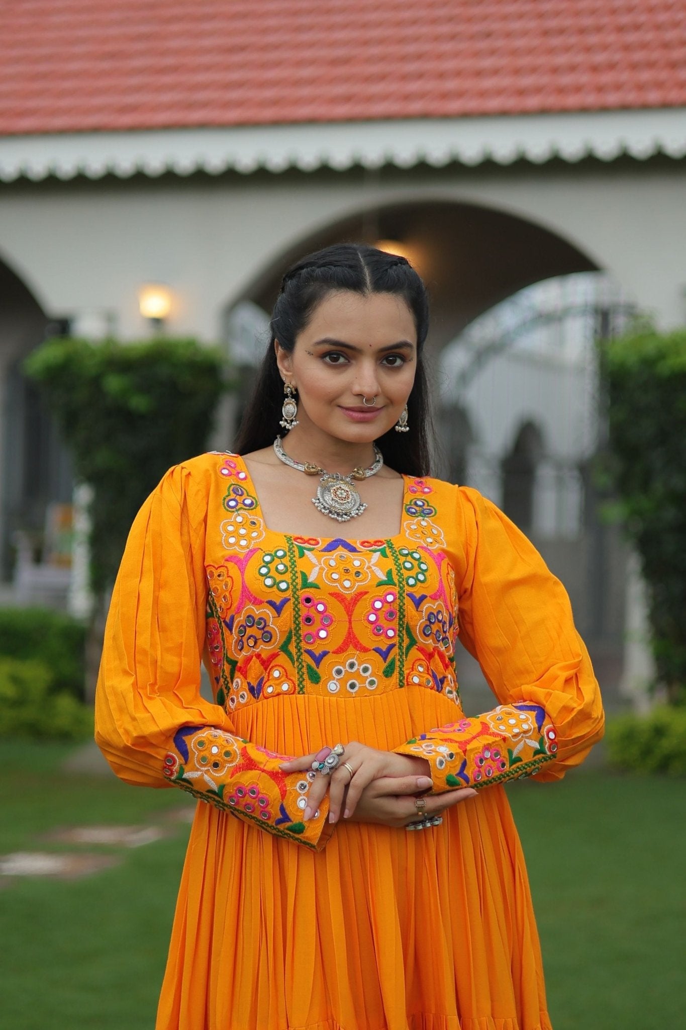 Orange Flared Mirror Work Gown with Multicolor Embroidered Yoke and Long Sleeves - Mangaldeep NX