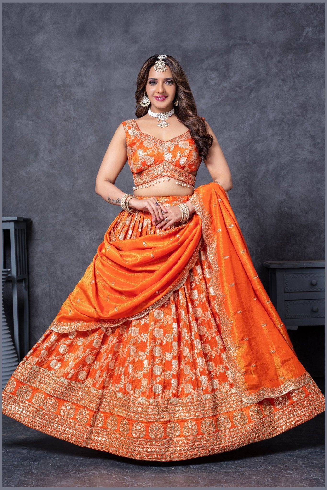 Orange Silk Bridal Lehenga Choli with Zari and Sequin Embroidery - Mangaldeep NX