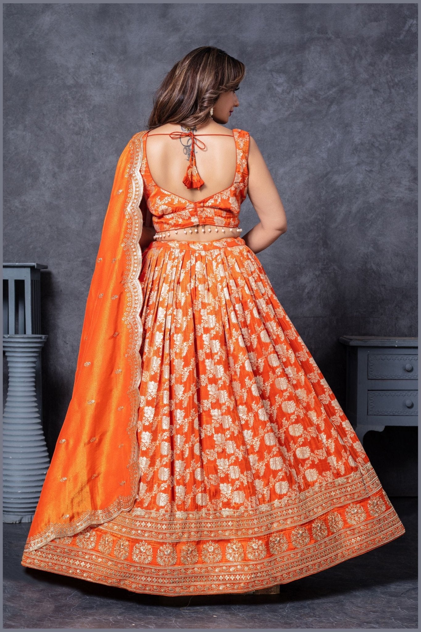 Orange Silk Bridal Lehenga Choli with Zari and Sequin Embroidery - Mangaldeep NX