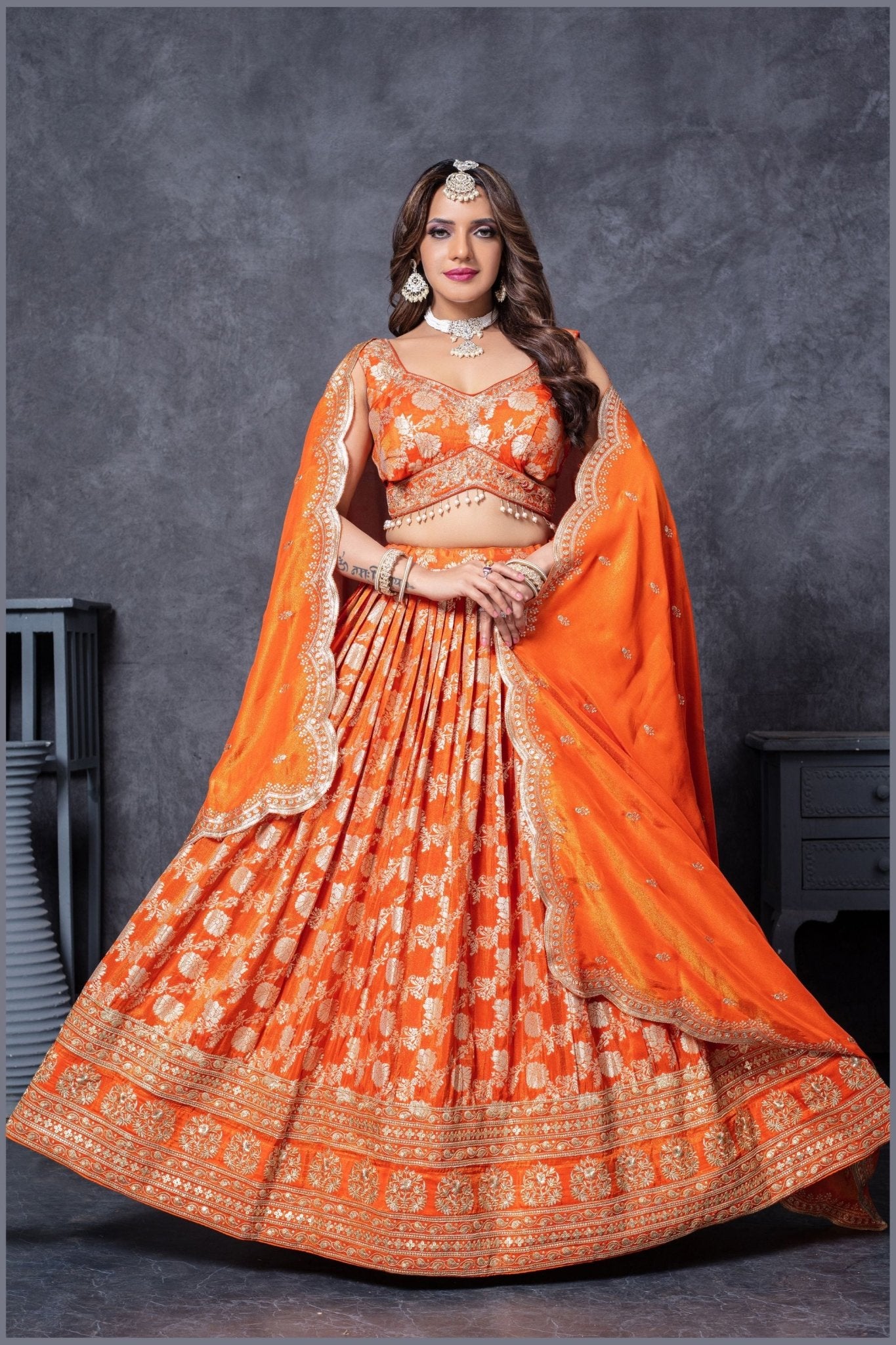 Orange Silk Bridal Lehenga Choli with Zari and Sequin Embroidery - Mangaldeep NX