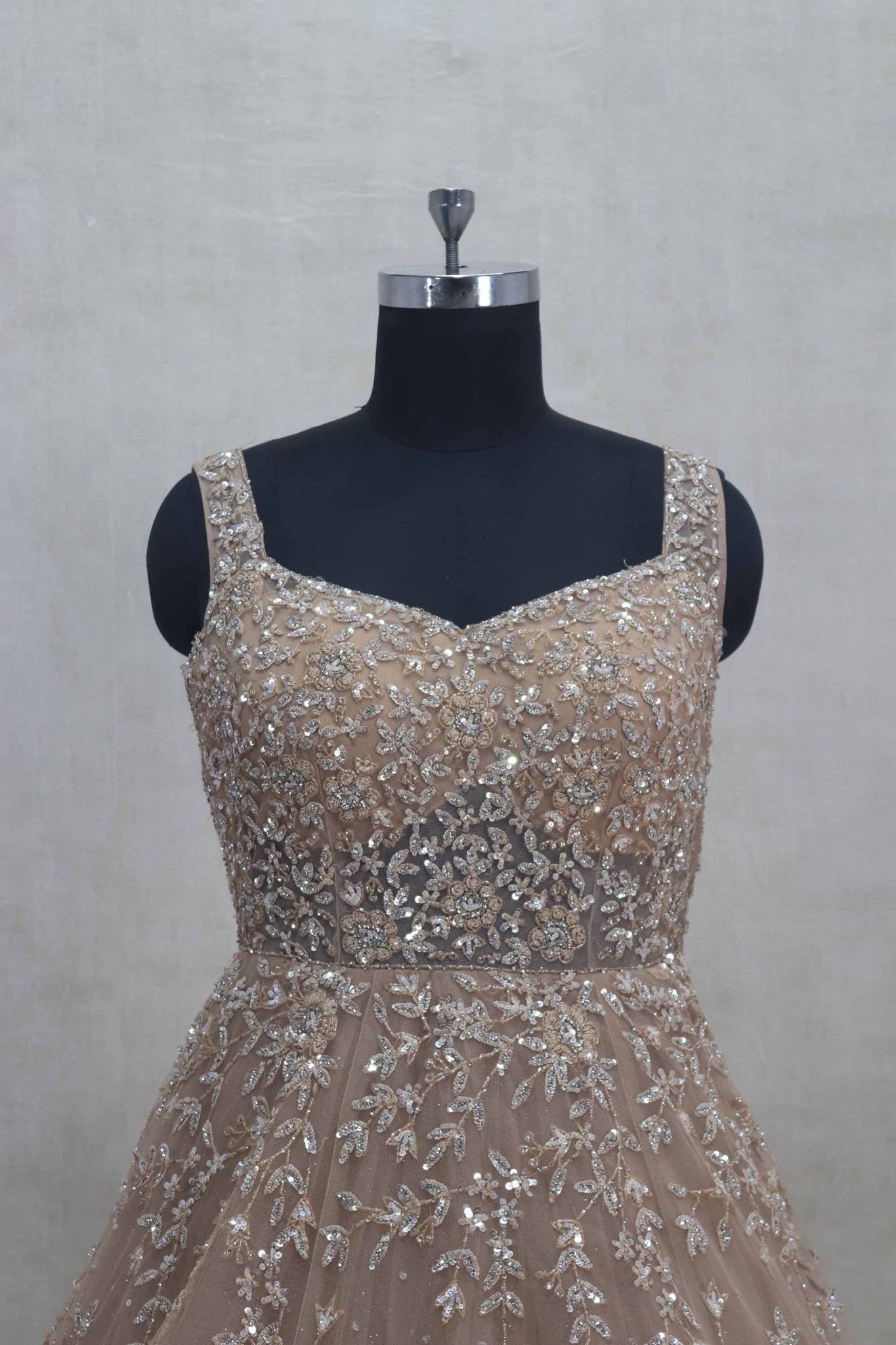 Pale Peach Net Evening Gown with Sequin Embroidery - Mangaldeep NX