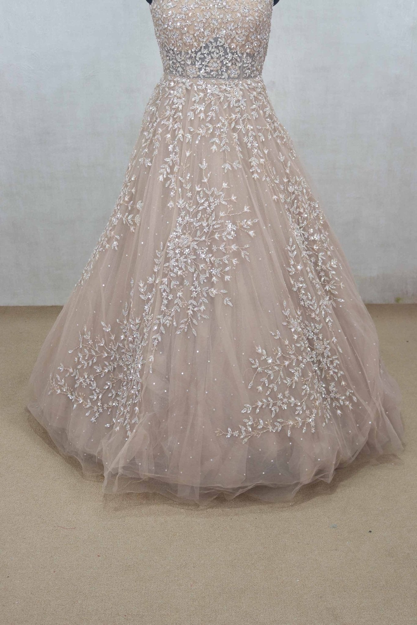 Pale Peach Net Evening Gown with Sequin Embroidery - Mangaldeep NX