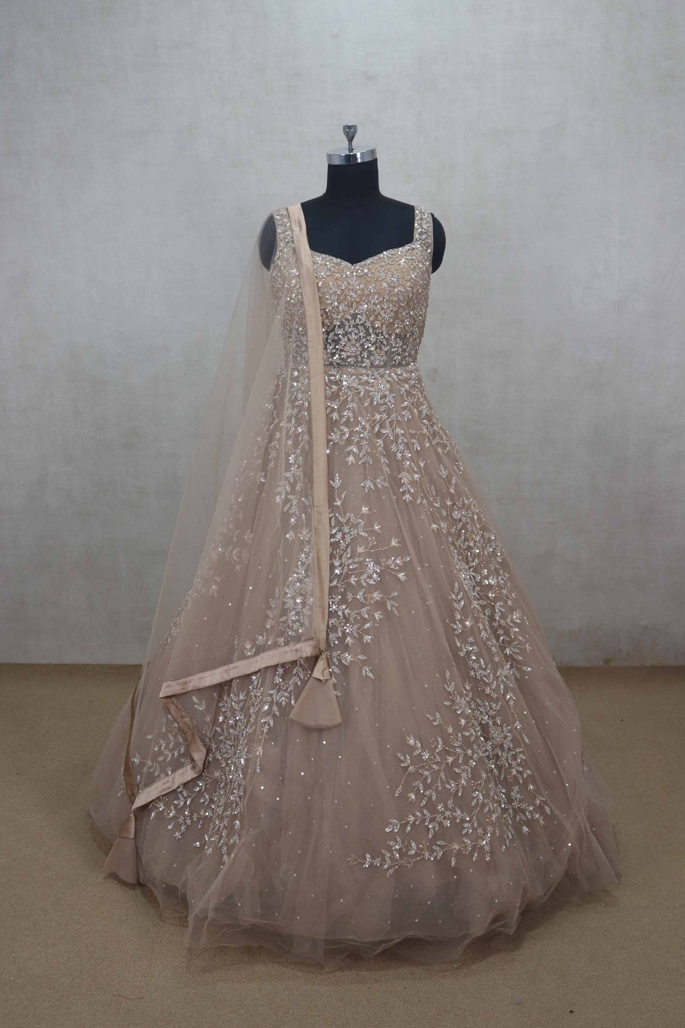Pale Peach Net Evening Gown with Sequin Embroidery - Mangaldeep NX