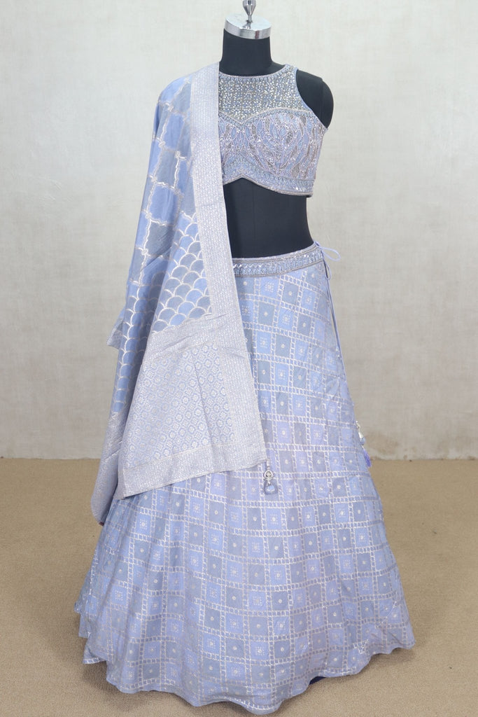 Pastel Blue Mirror Work Lehenga Set with Sleeveless Blouse - Mangaldeep NX