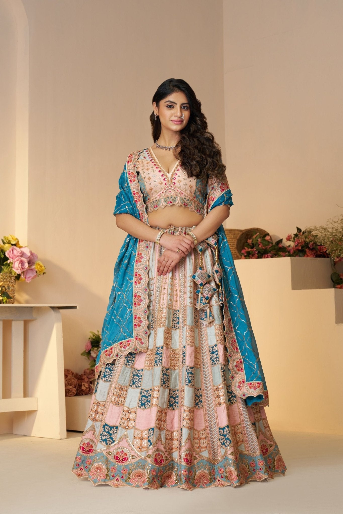Pastel Blue Multi - Panel Embroidered Lehenga Choli with Aqua Dupatta - Mangaldeep NX