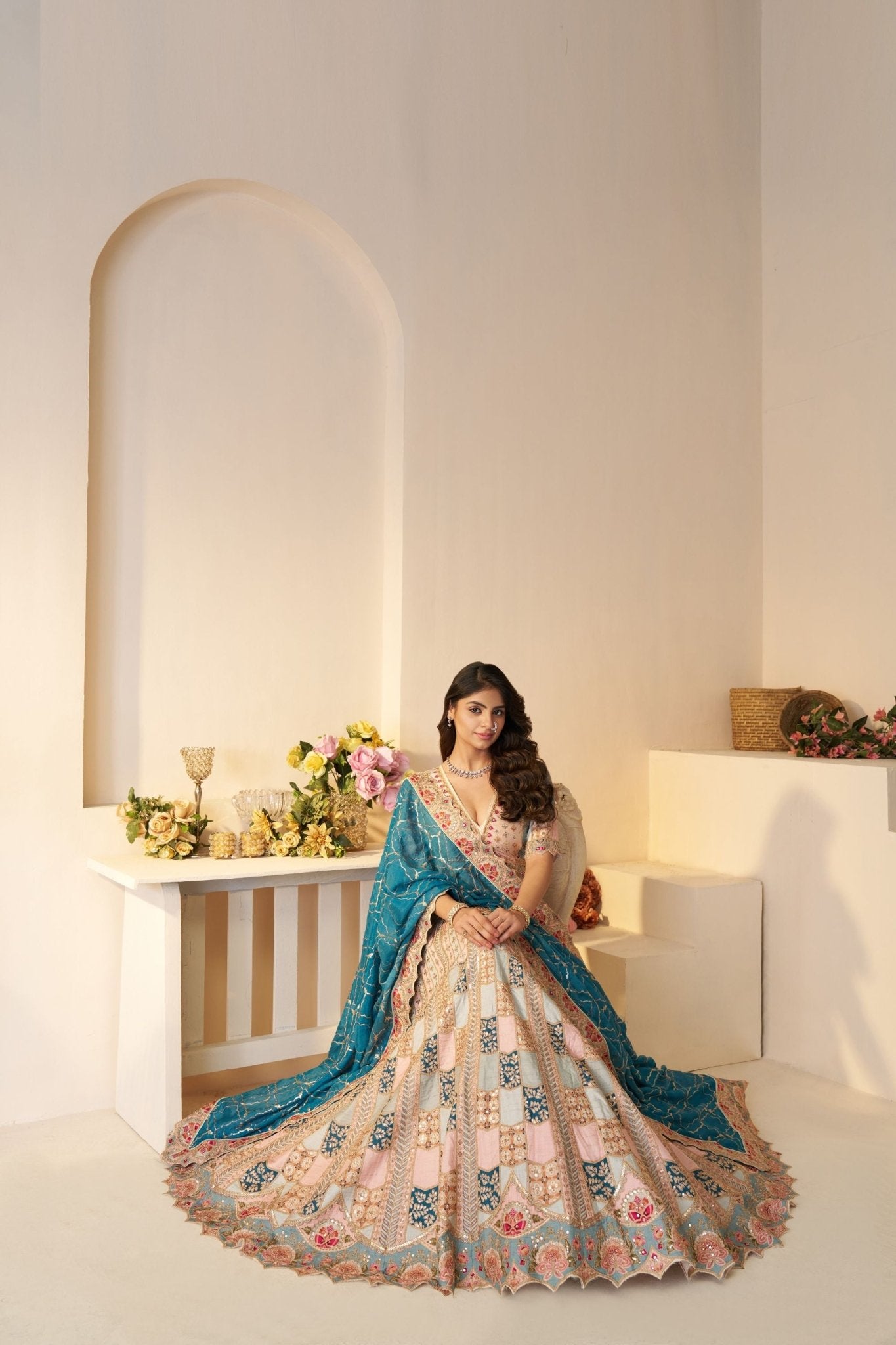 Pastel Blue Multi - Panel Embroidered Lehenga Choli with Aqua Dupatta - Mangaldeep NX