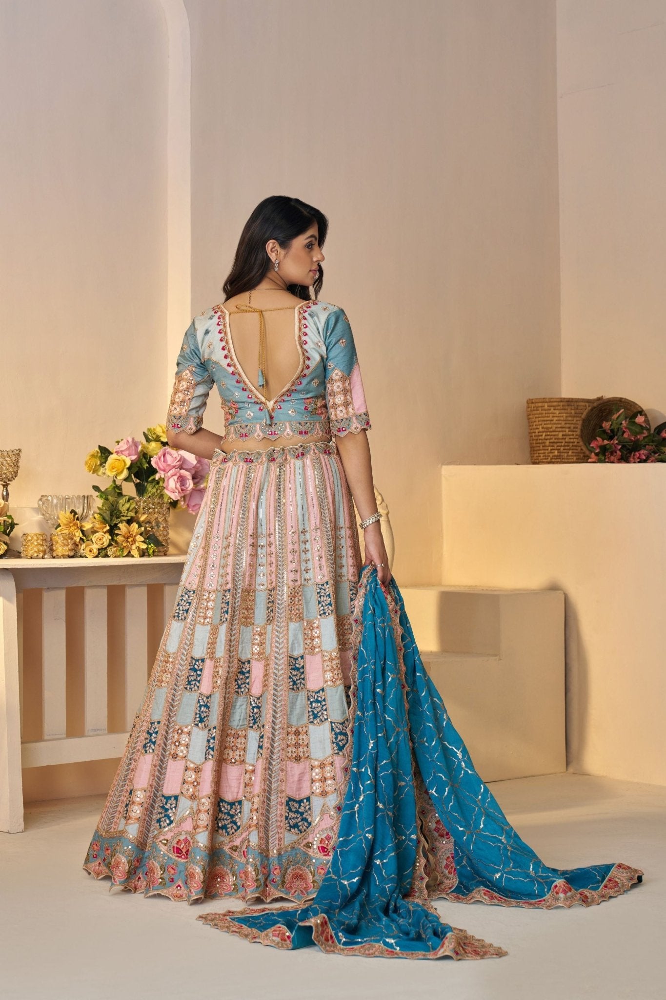 Pastel Blue Multi - Panel Embroidered Lehenga Choli with Aqua Dupatta - Mangaldeep NX