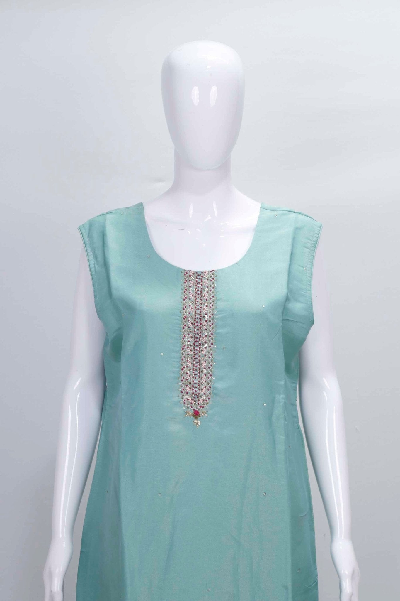 Pastel Blue Silk Suit with Floral Print Dupatta & Embellished Neckline - Mangaldeep NX