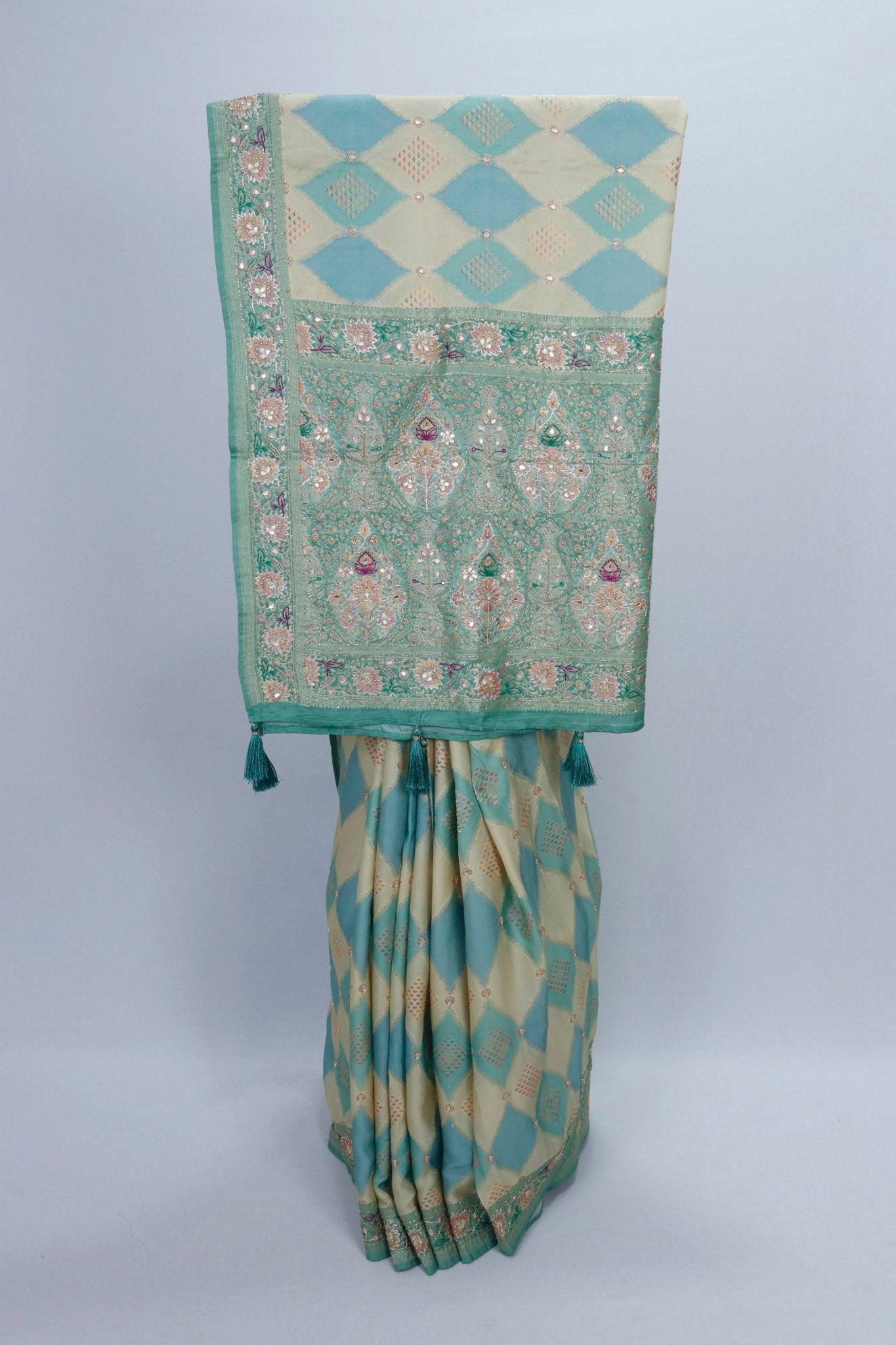 Pastel Green and Beige Banarasi Silk Saree with Diamond Pattern and Intricate - Mangaldeep NX