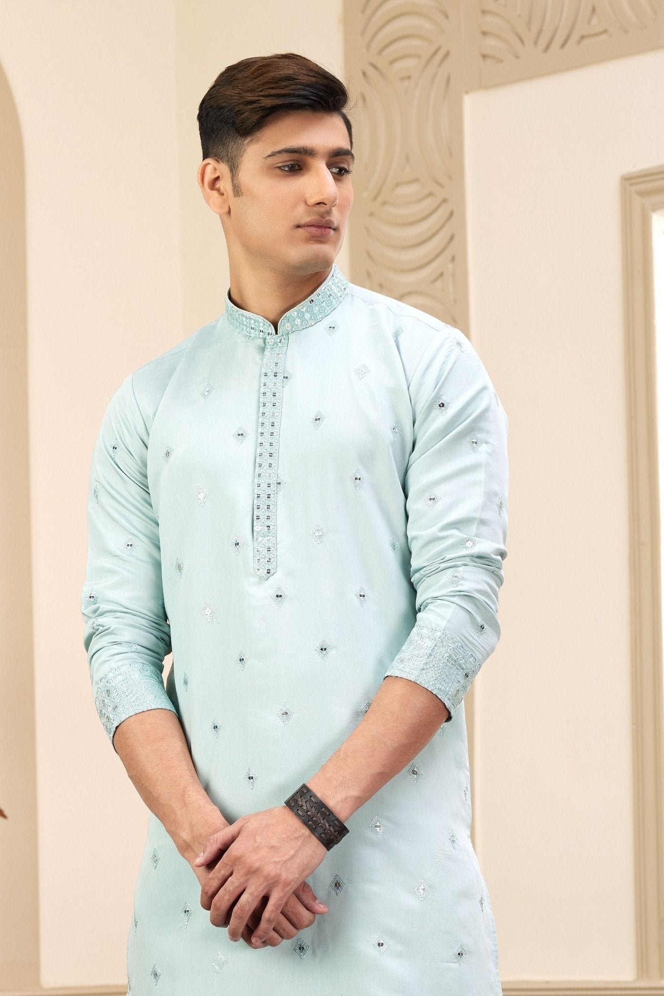 Pastel Green Embroidered Kurta with White Churidar Pants for Men - Mangaldeep NX