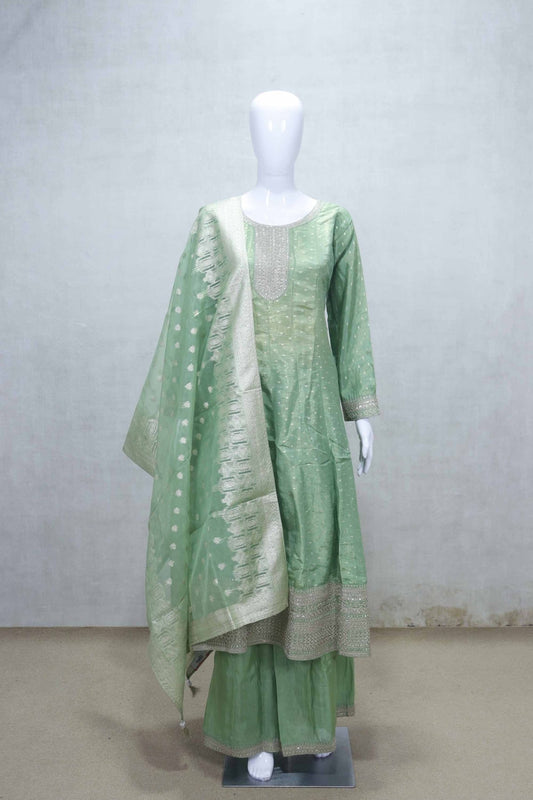 Pastel Green Embroidered Salwar Suit Set with Brocade Dupatta and Palazzo Pants - Mangaldeep NX
