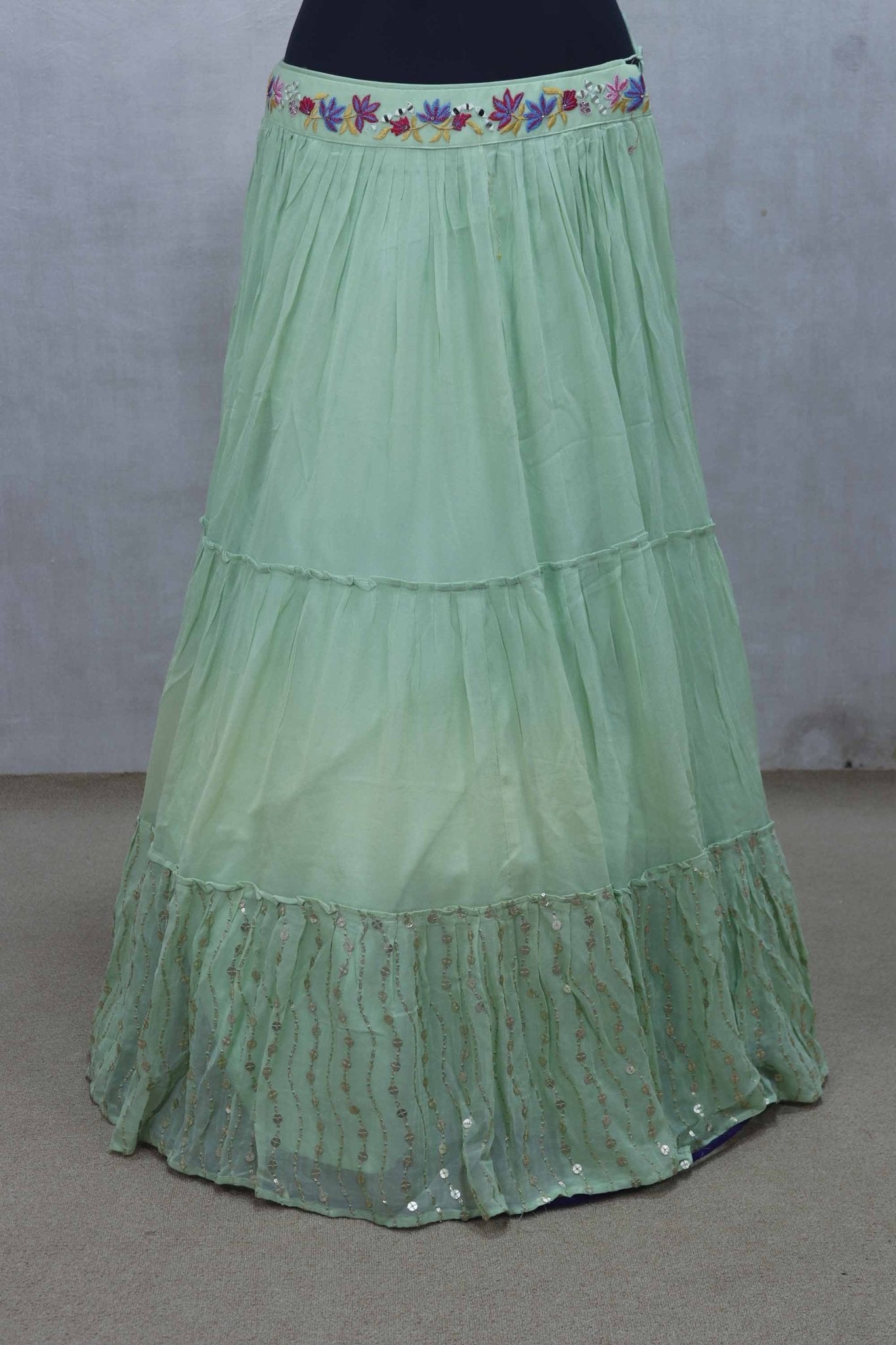 Pastel Green Lehenga with Colorful Embroidered Yellow Blouse - Mangaldeep NX