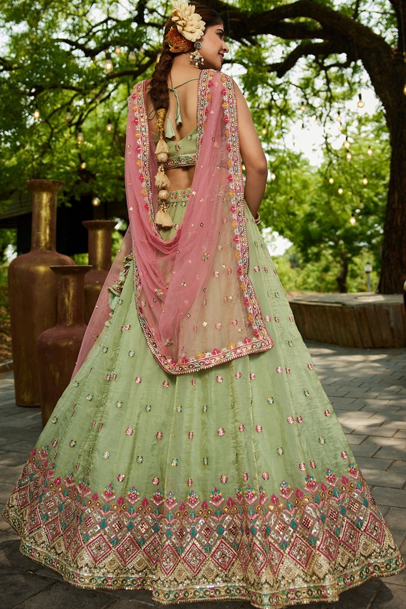 Pastel Green Mirror Work Embroidered Silk Lehenga Choli with Pink Net Dupatta - Mangaldeep NX