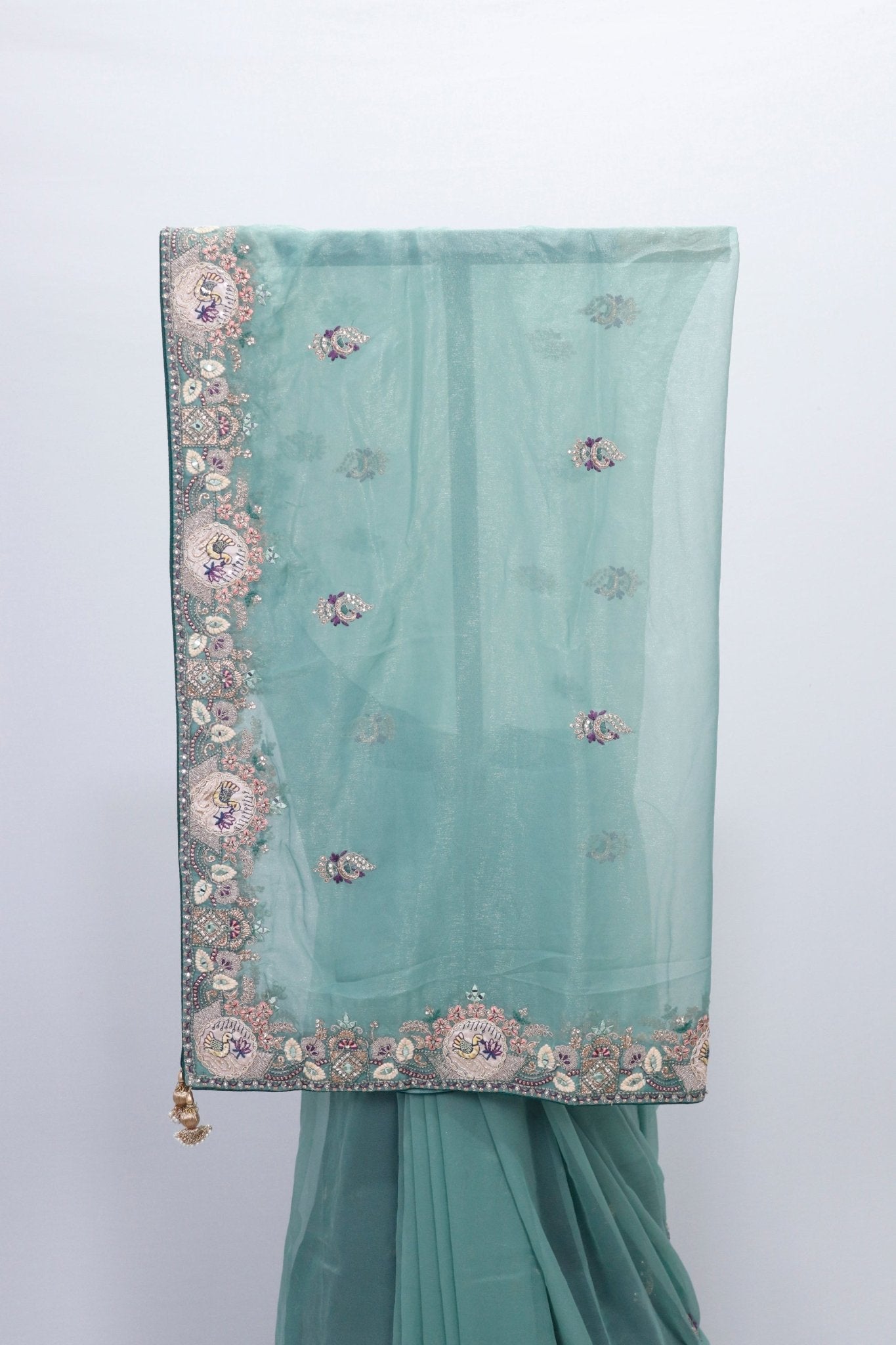 Pastel Green Soft Net Saree with Intricate Embroidery and Designer Border Perfect for Wedding Festive Wear - Mangaldeep NX