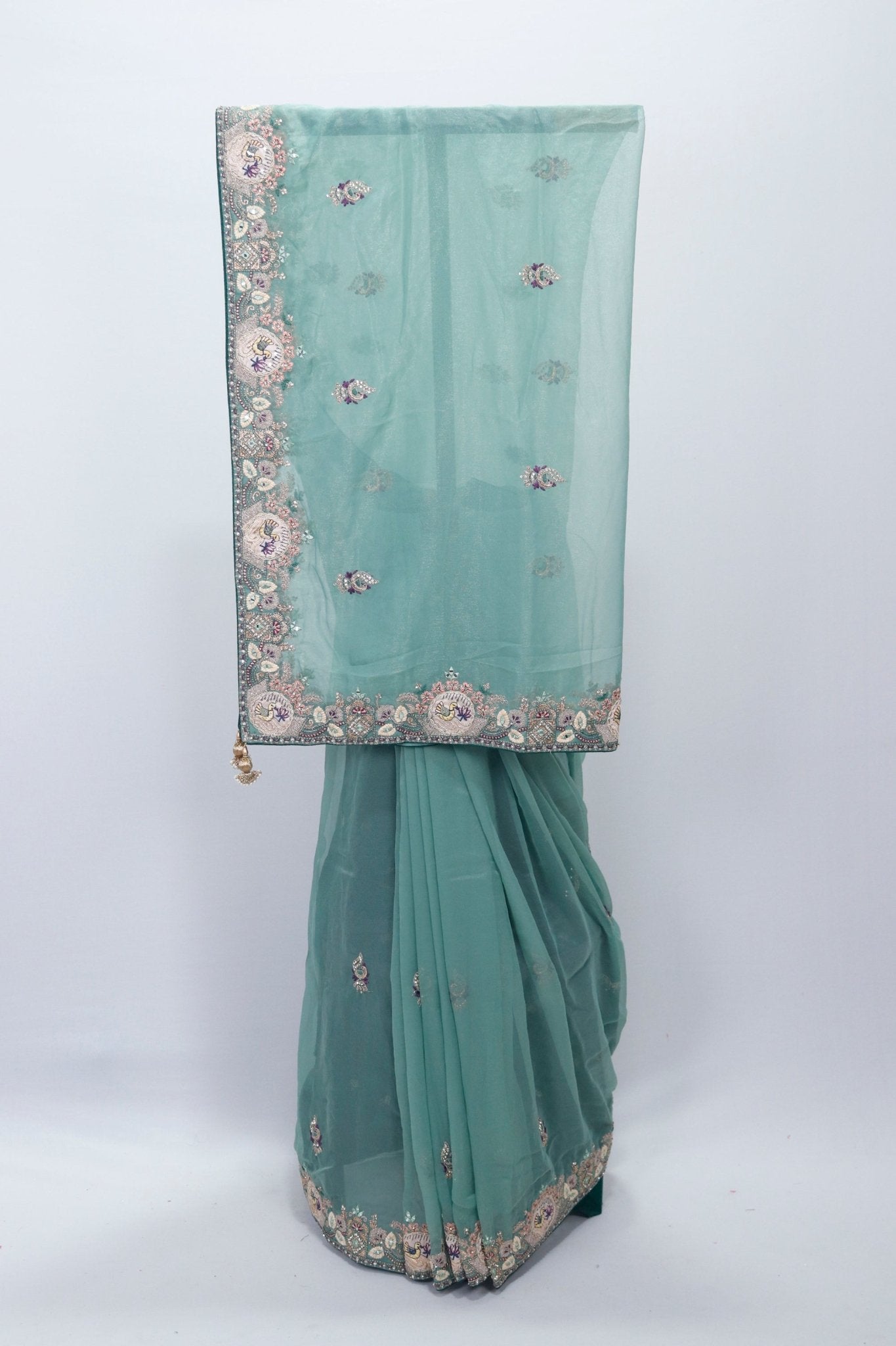 Pastel Green Soft Net Saree with Intricate Embroidery and Designer Border Perfect for Wedding Festive Wear - Mangaldeep NX
