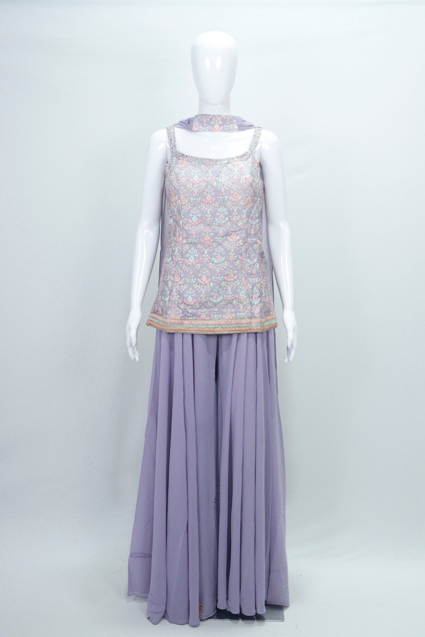 Pastel Lavender Embroidered Georgette Sharara Set - Mangaldeep NX