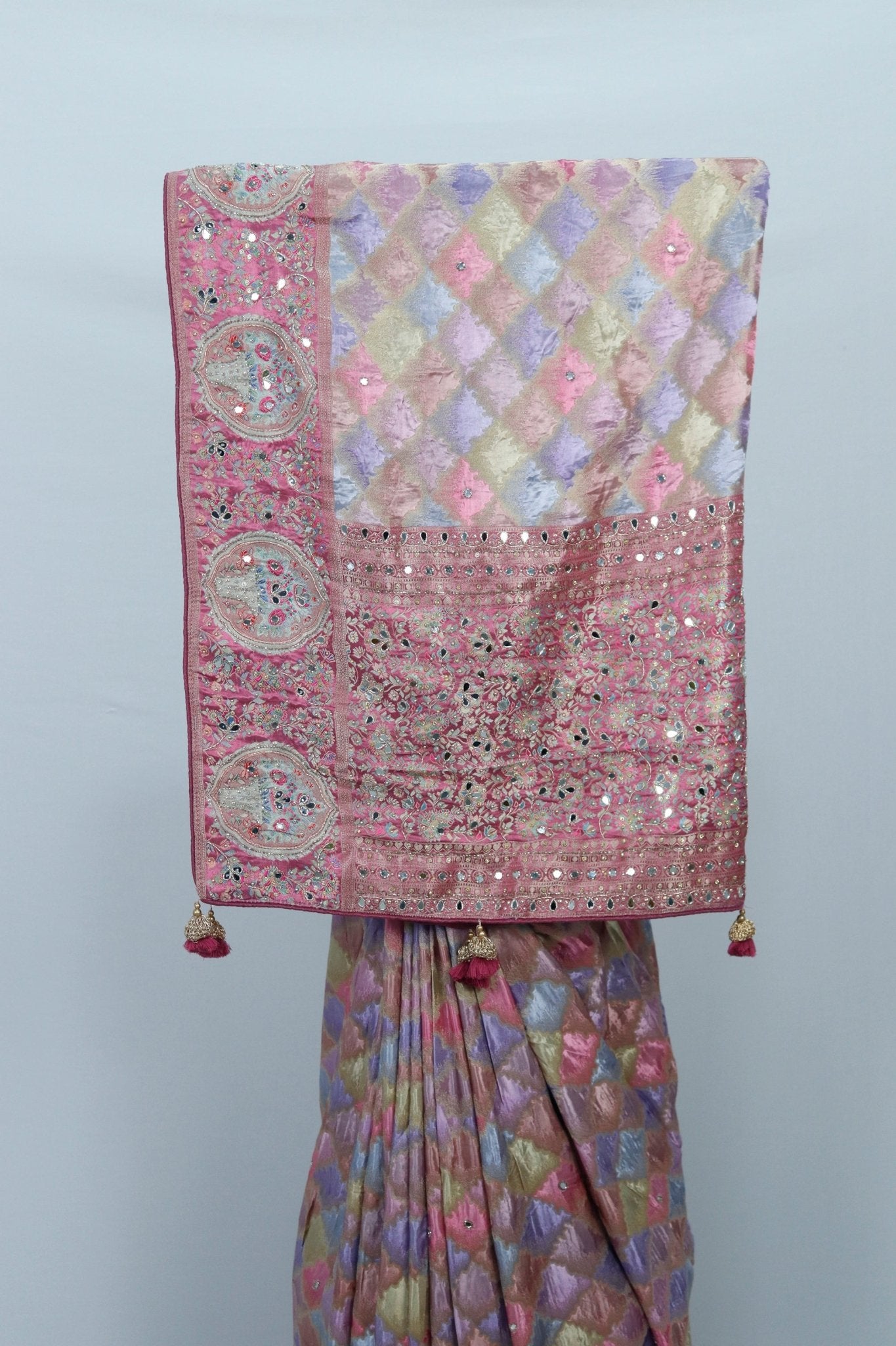 Pastel Multicolor Bandhani Silk Saree Pink Pallu Traditional Wedding Festive Wear - Mangaldeep NX
