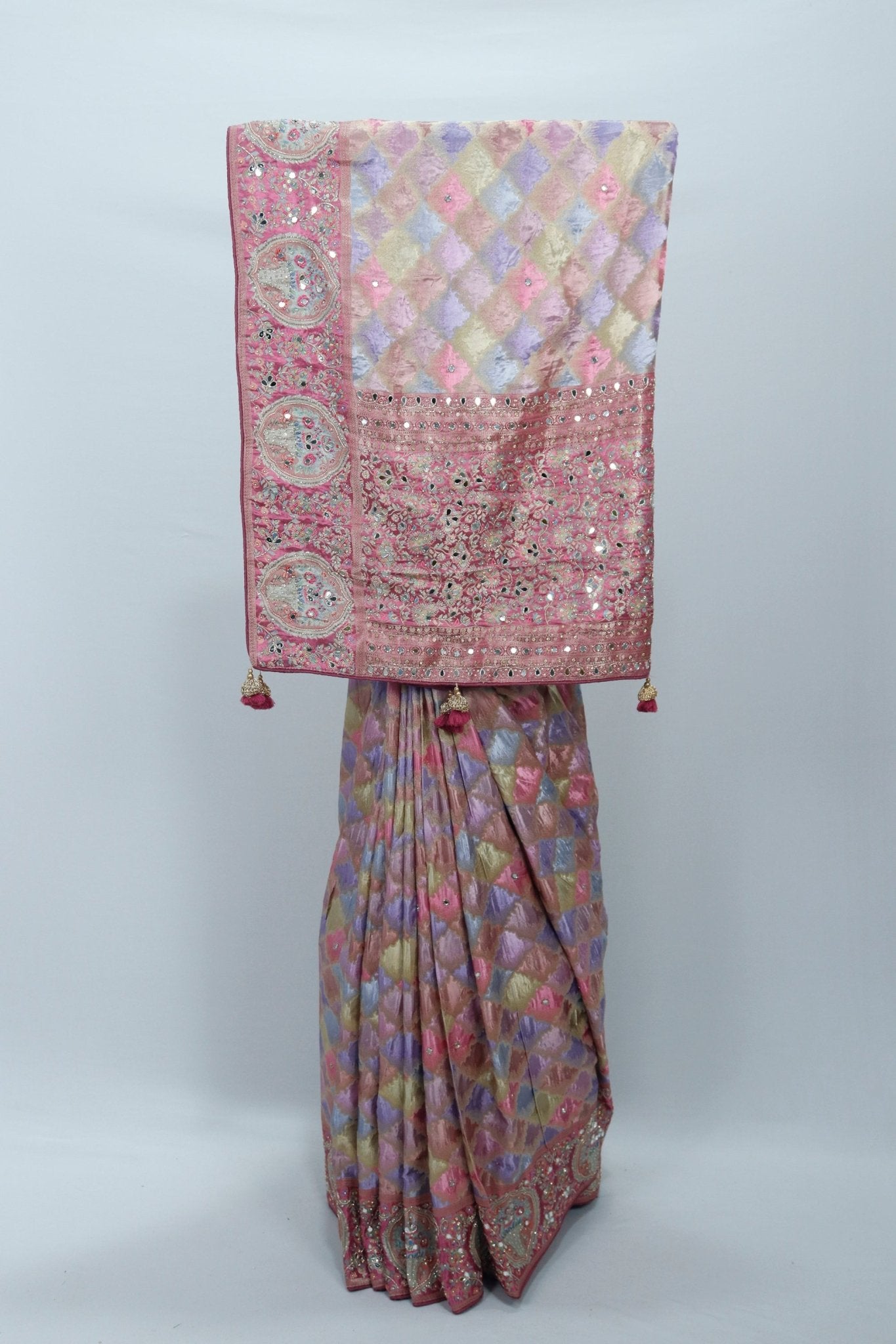 Pastel Multicolor Bandhani Silk Saree Pink Pallu Traditional Wedding Festive Wear - Mangaldeep NX