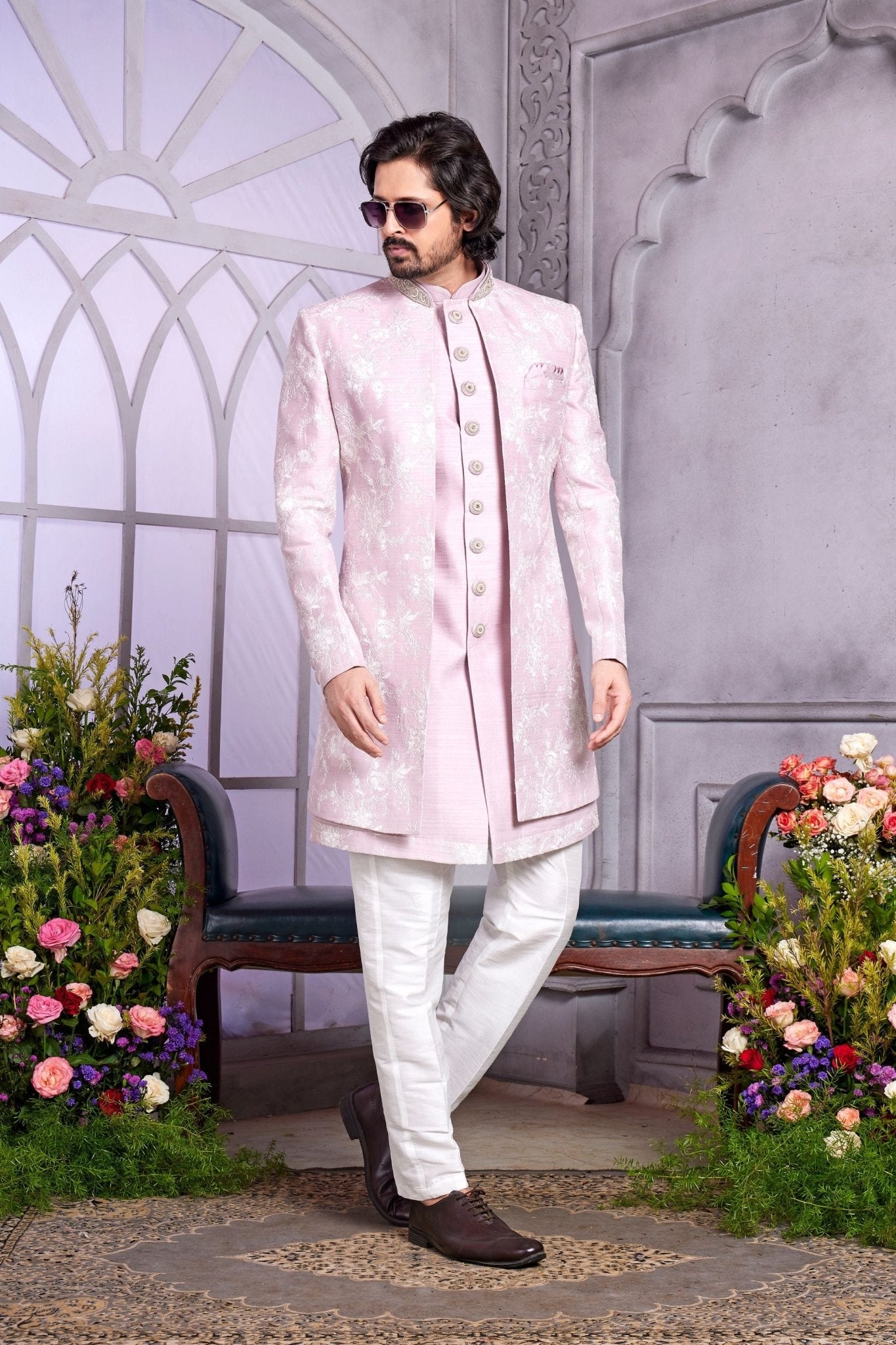 Pastel Pink Indo Western Sherwani for Men with Embroidered Jacket - Mangaldeep NX