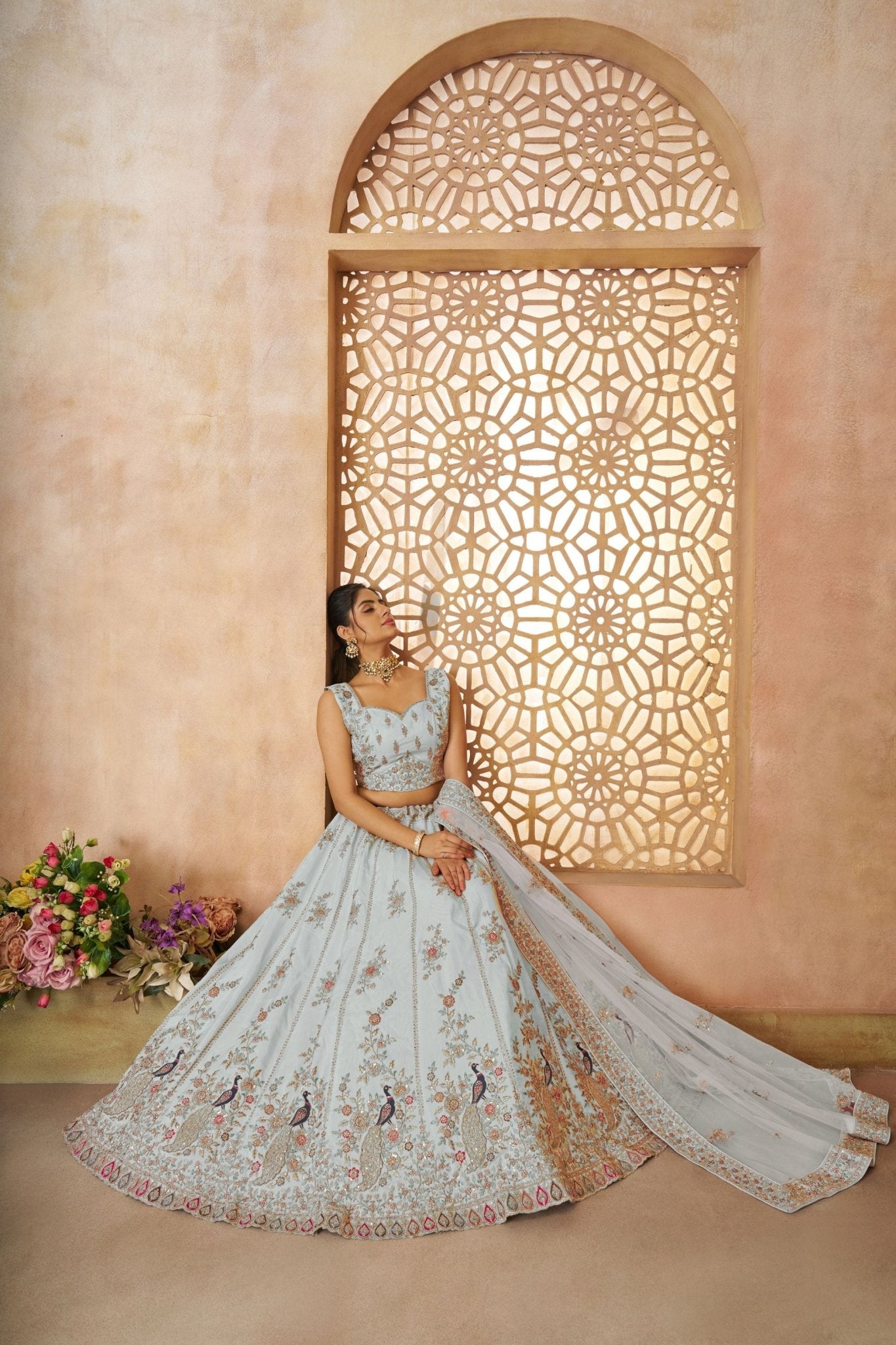 Pastel Sky Blue Lehenga with Peacock & Floral Motifs - Mangaldeep NX
