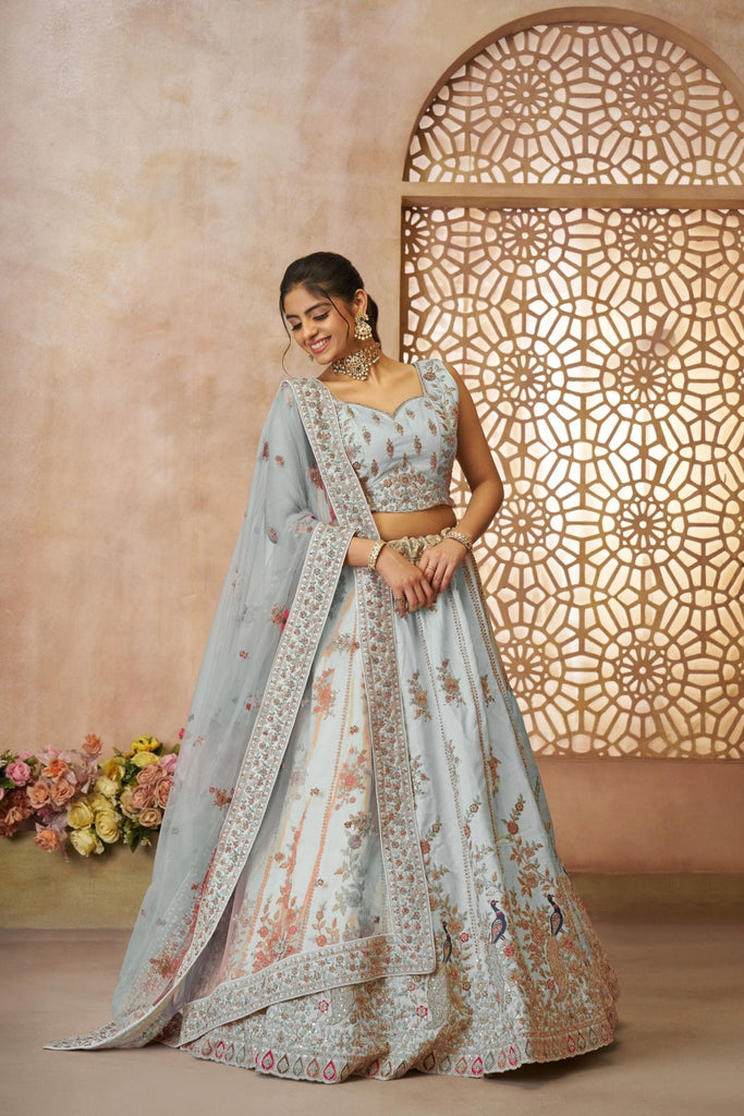 Pastel Sky Blue Lehenga with Peacock & Floral Motifs - Mangaldeep NX