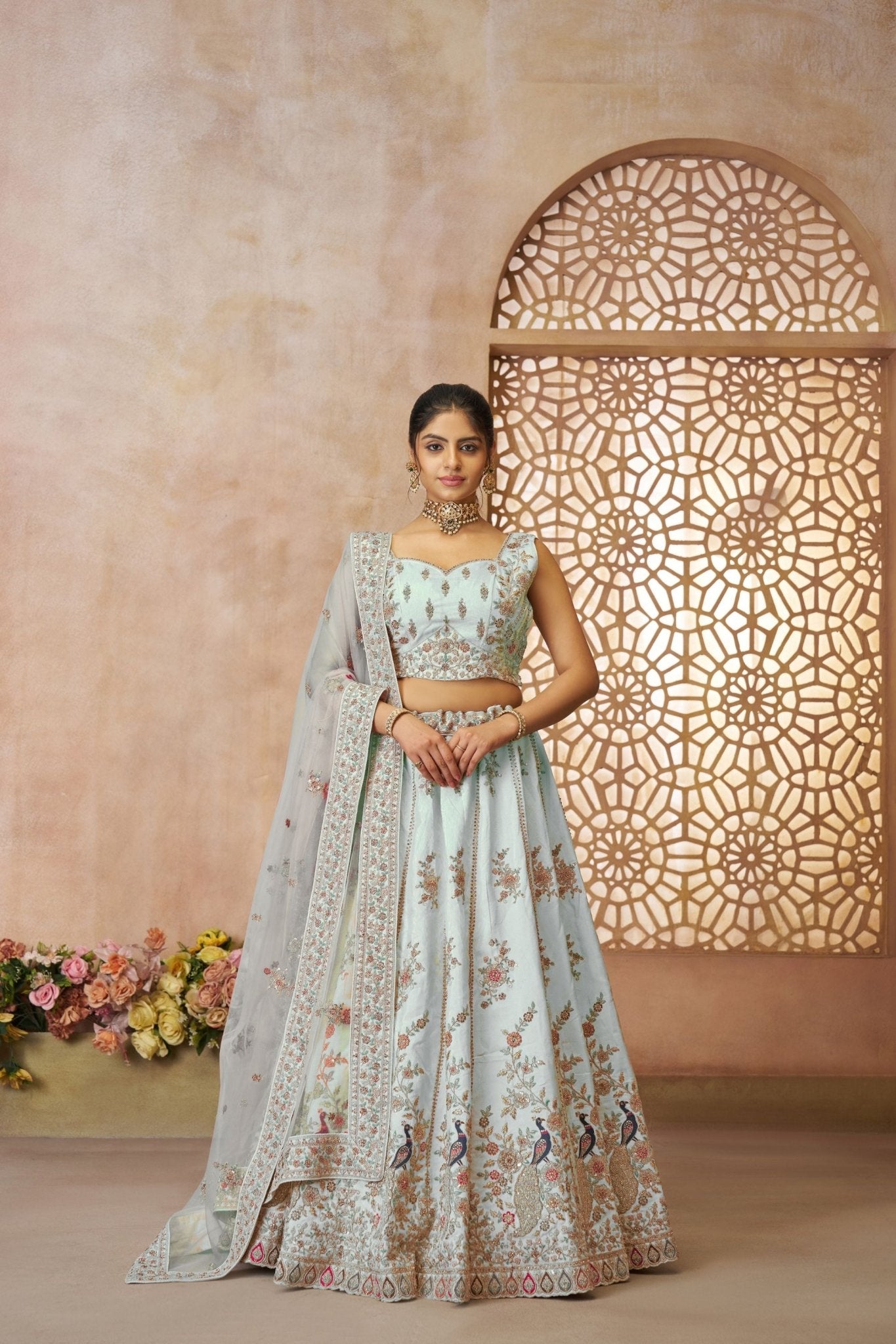 Pastel Sky Blue Lehenga with Peacock & Floral Motifs - Mangaldeep NX