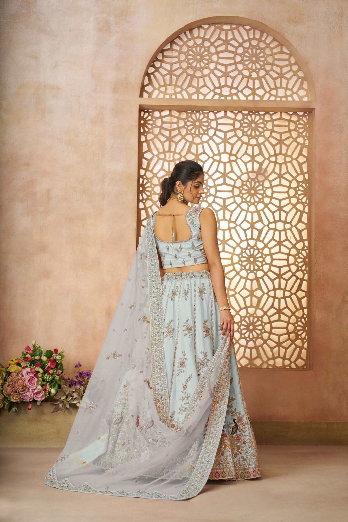 Pastel Sky Blue Lehenga with Peacock & Floral Motifs - Mangaldeep NX
