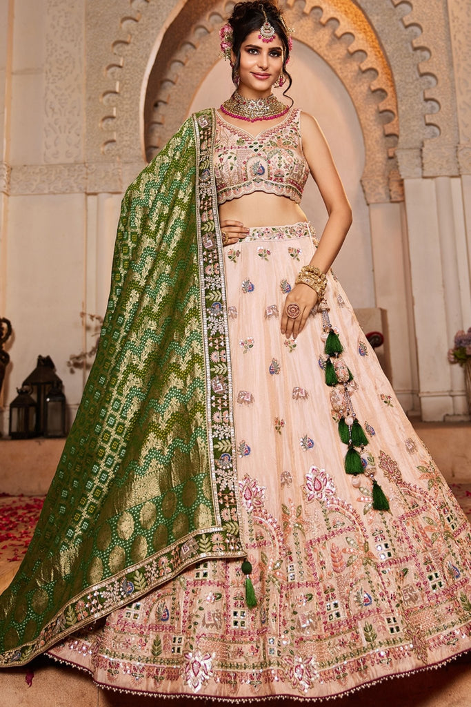 Peach Embroidered Bridal Lehenga Choli with Green Banarasi Dupatta - Mangaldeep NX