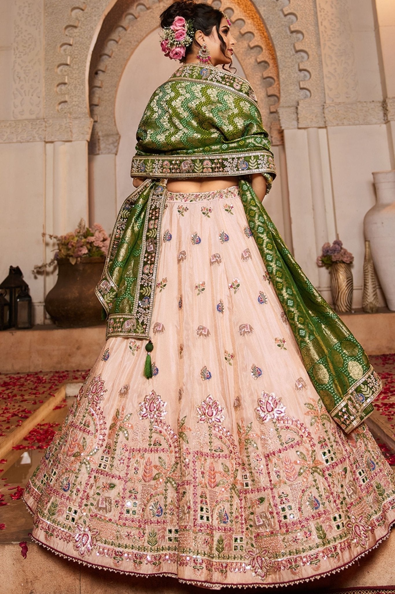 Peach Embroidered Bridal Lehenga Choli with Green Banarasi Dupatta - Mangaldeep NX