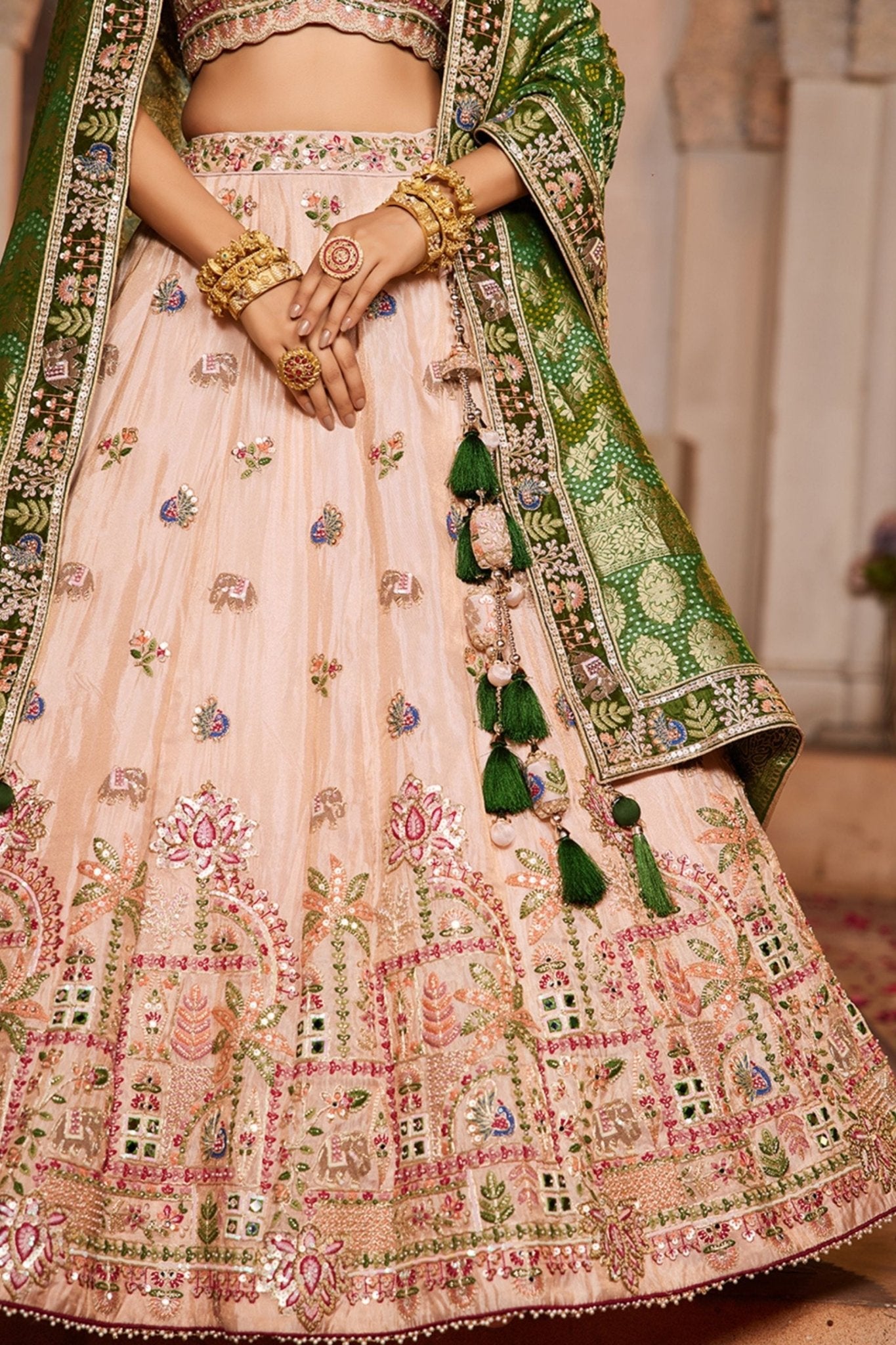 Peach Embroidered Bridal Lehenga Choli with Green Banarasi Dupatta - Mangaldeep NX