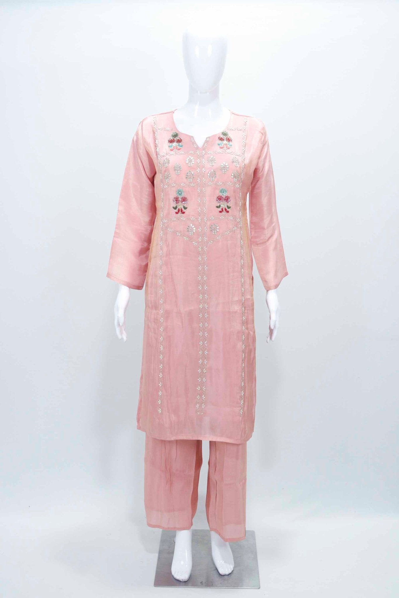 Peach Embroidered Kurta Set with Floral Printed Dupatta and Straight Pants for Women - Mangaldeep NX