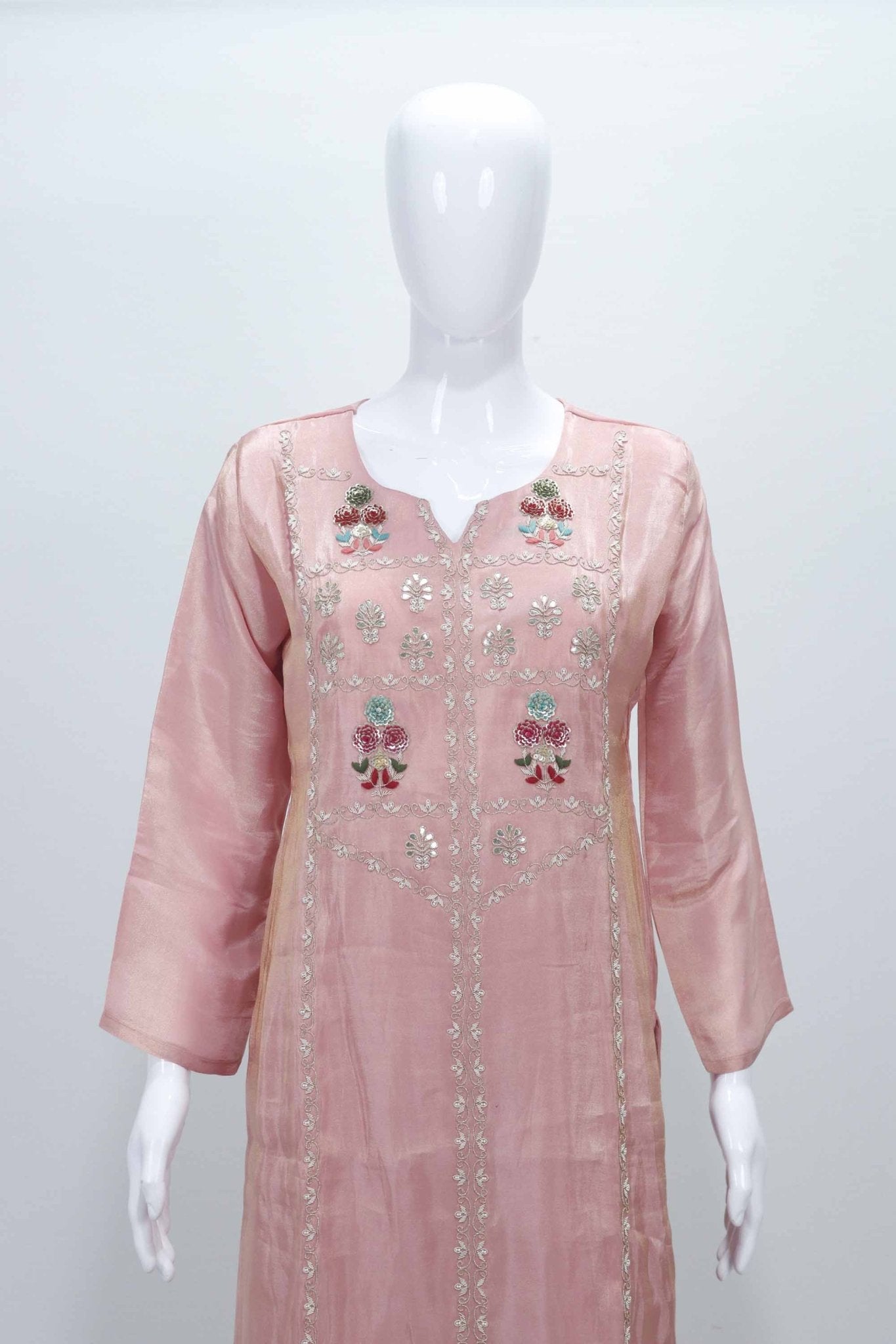 Peach Embroidered Kurta Set with Floral Printed Dupatta and Straight Pants for Women - Mangaldeep NX