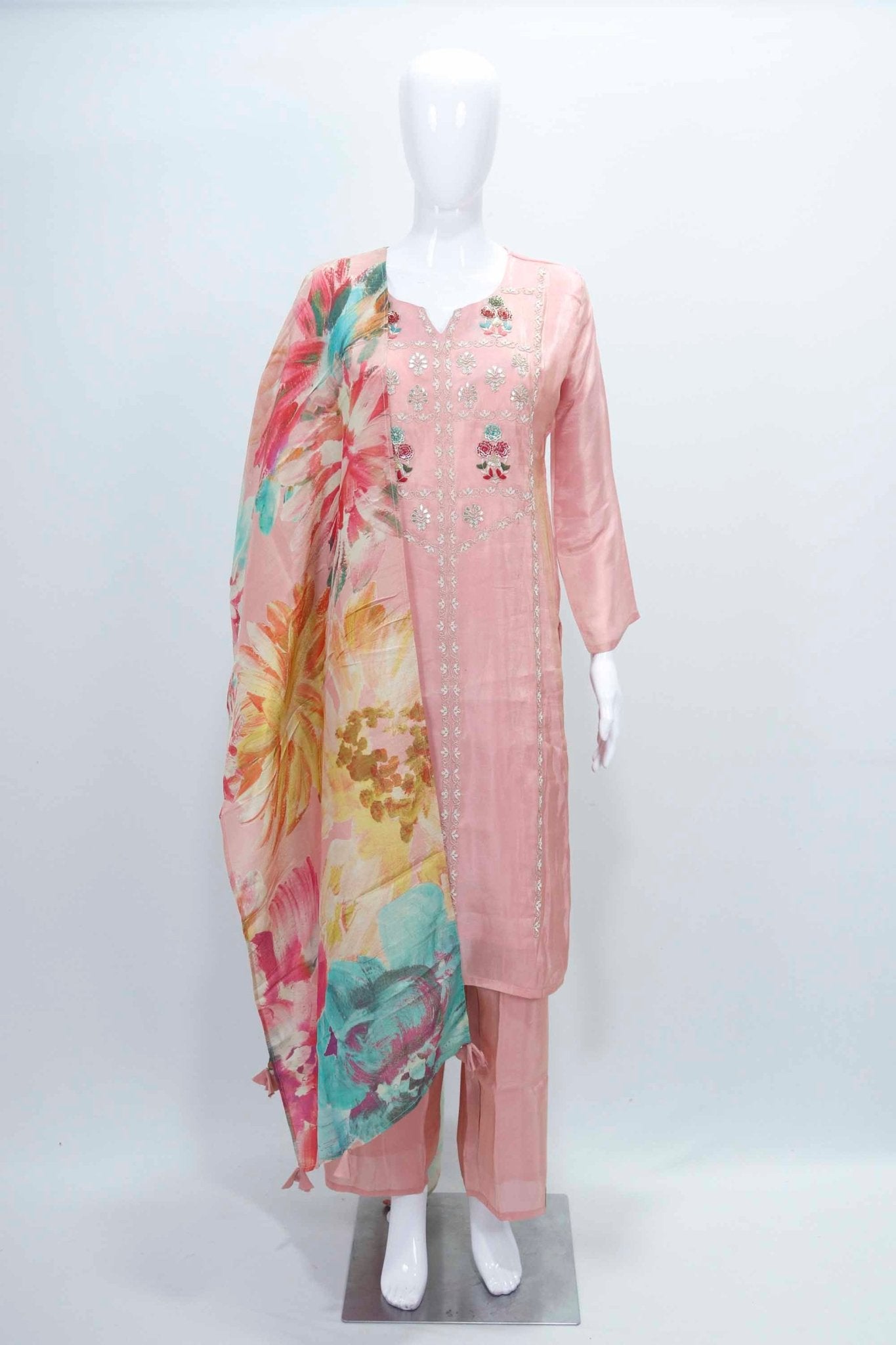 Peach Embroidered Kurta Set with Floral Printed Dupatta and Straight Pants for Women - Mangaldeep NX