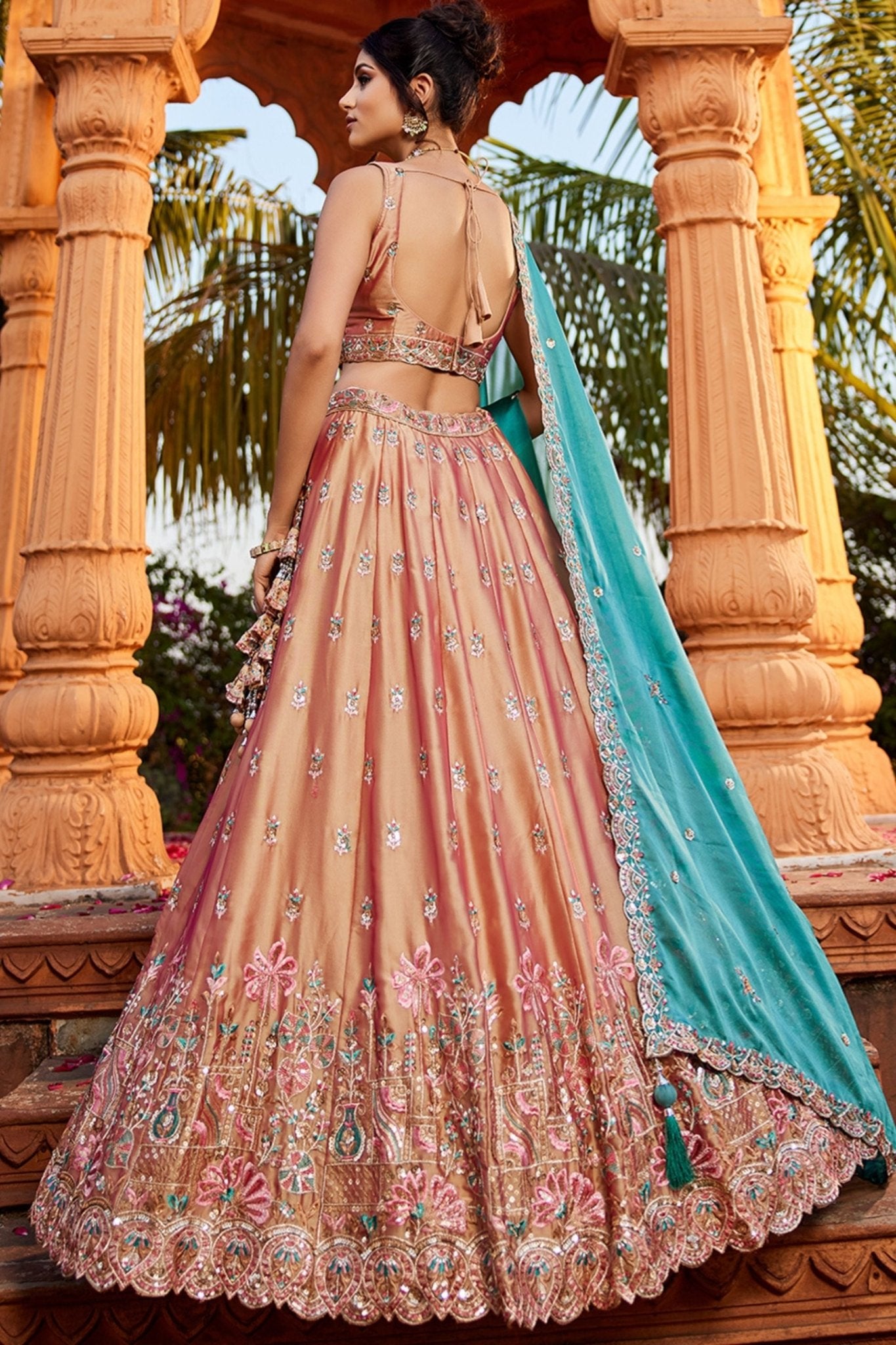 Peach Embroidered Silk Lehenga Choli with Floral Motifs and Aqua Blue Dupatta - Mangaldeep NX