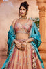Peach Embroidered Silk Lehenga Choli with Floral Motifs and Aqua Blue Dupatta - Mangaldeep NX