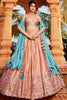 Peach Embroidered Silk Lehenga Choli with Floral Motifs and Aqua Blue Dupatta - Mangaldeep NX