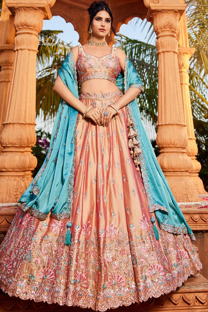Peach Embroidered Silk Lehenga Choli with Floral Motifs and Aqua Blue Dupatta - Mangaldeep NX
