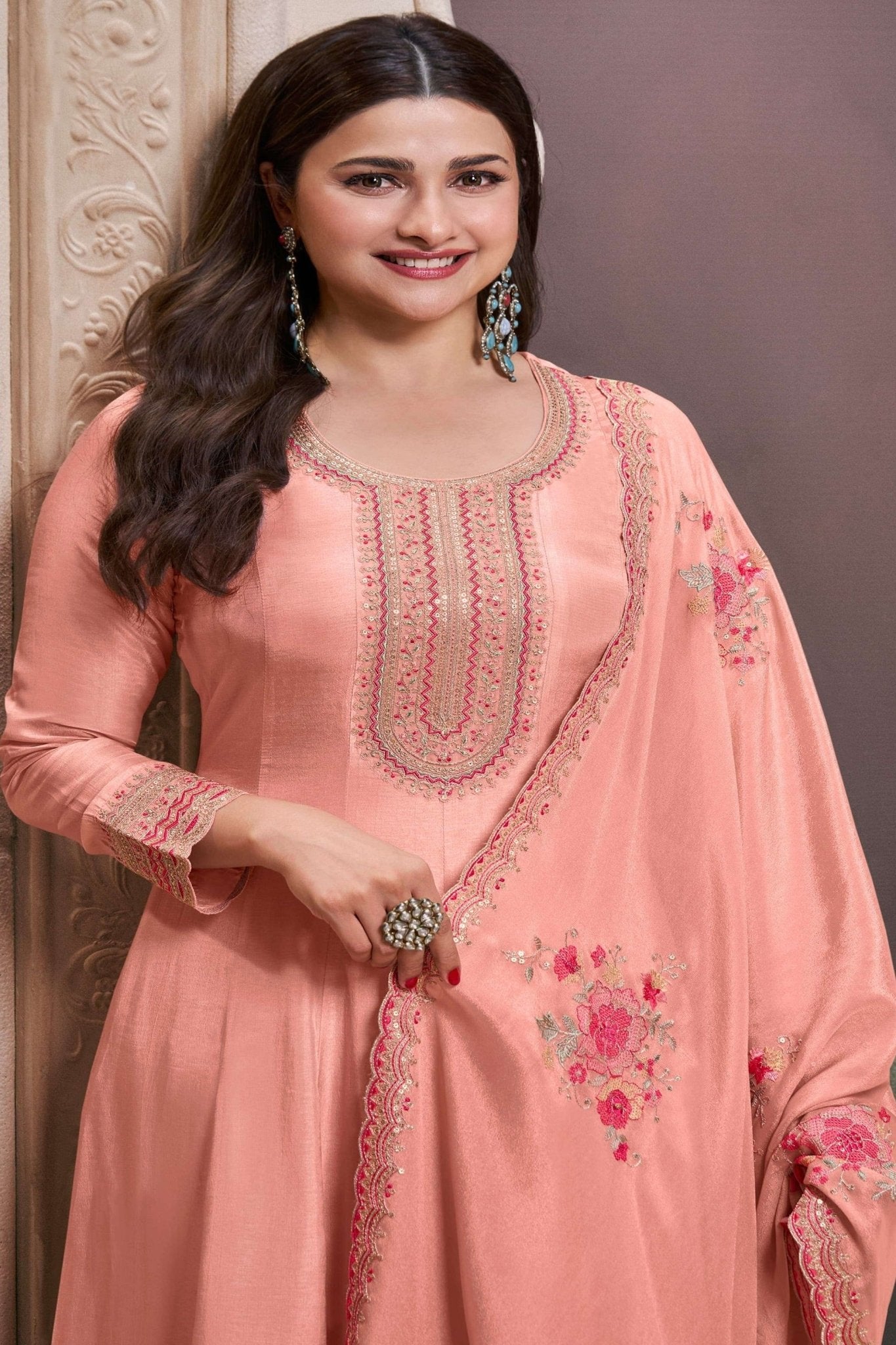 Peach Embroidered Silk Semi Stitched Anarkali Suit with Dupatta - Mangaldeep NX