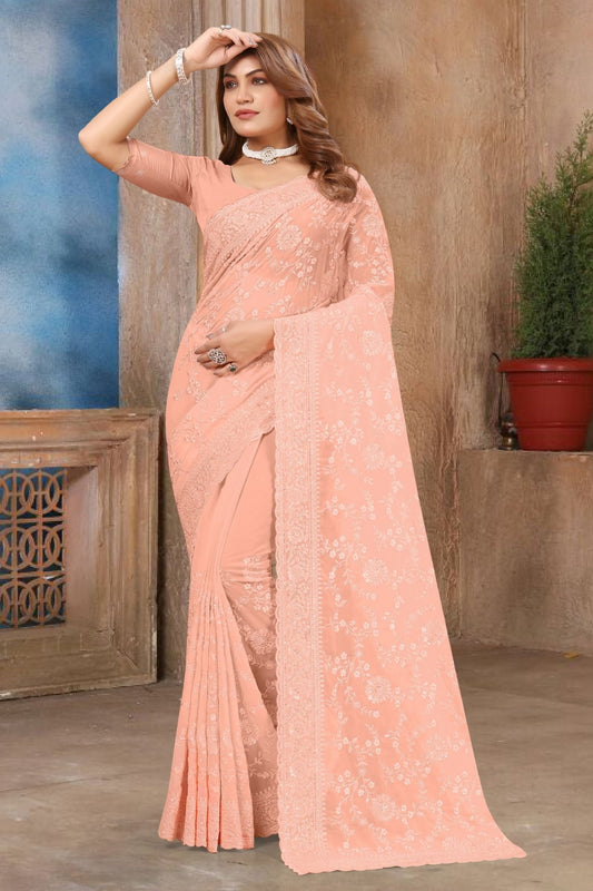 Peach Floral Embroidered Net Saree with Matching Blouse Piece - Mangaldeep NX
