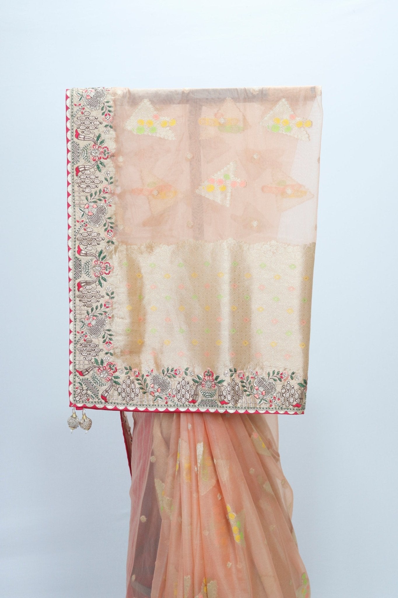 Peach Organza Saree with Multicolor Embroidery and Zari Woven Pallu - Mangaldeep NX