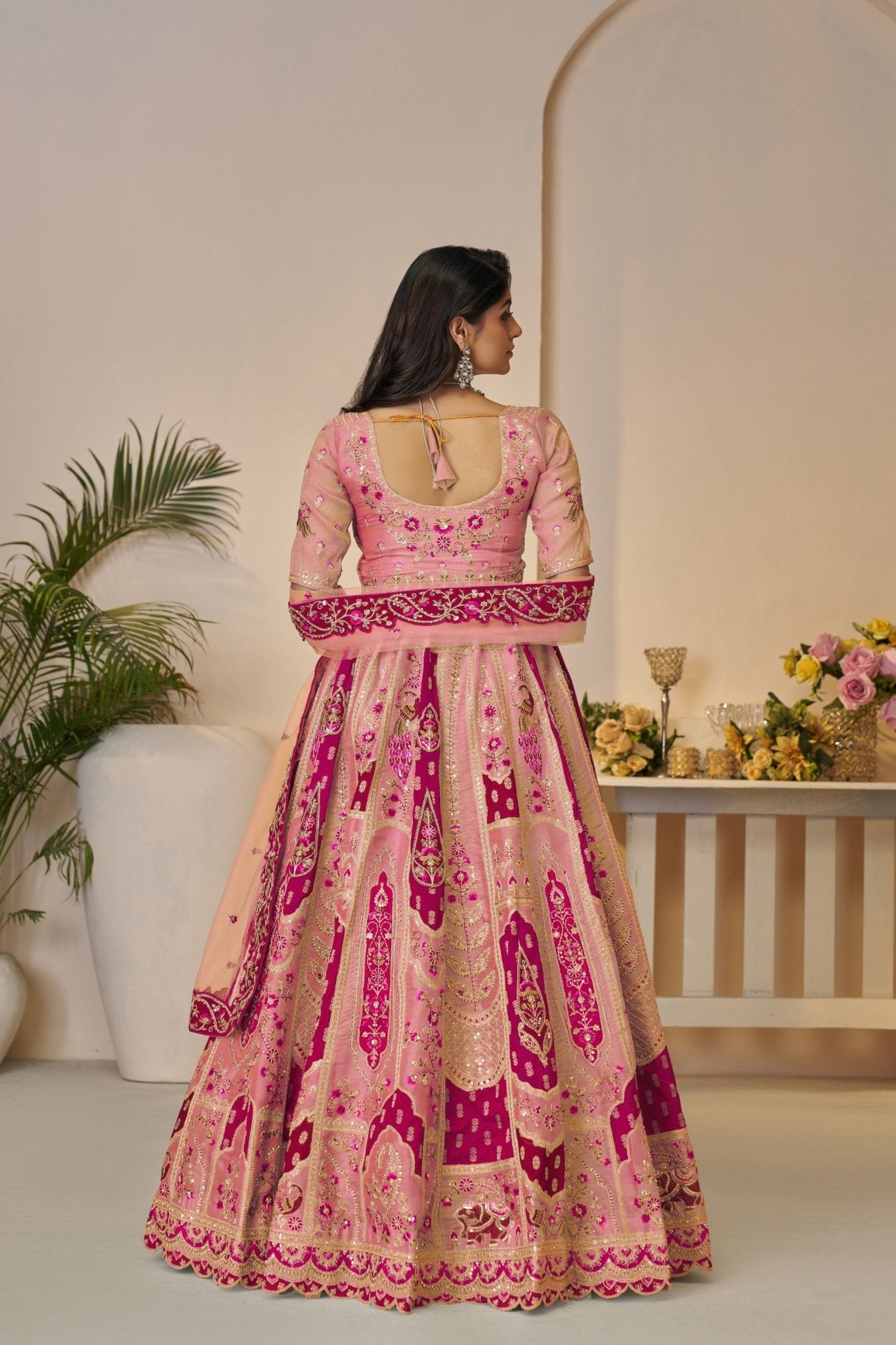 Peach Pink Embroidered Lehenga Choli with Elephant Motifs and Sequin Work Dupatta - Mangaldeep NX
