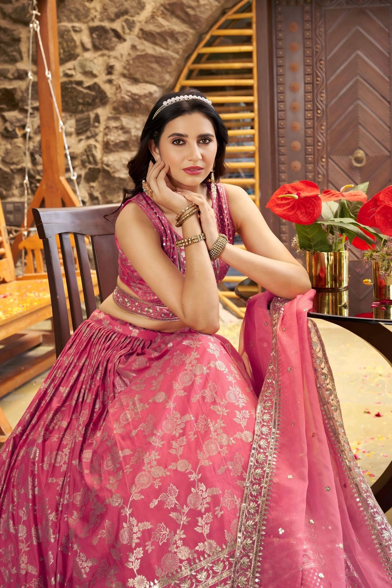 Peach Pink Embroidered Silk Lehenga Choli with Foil Work and Net Dupatta - Mangaldeep NX