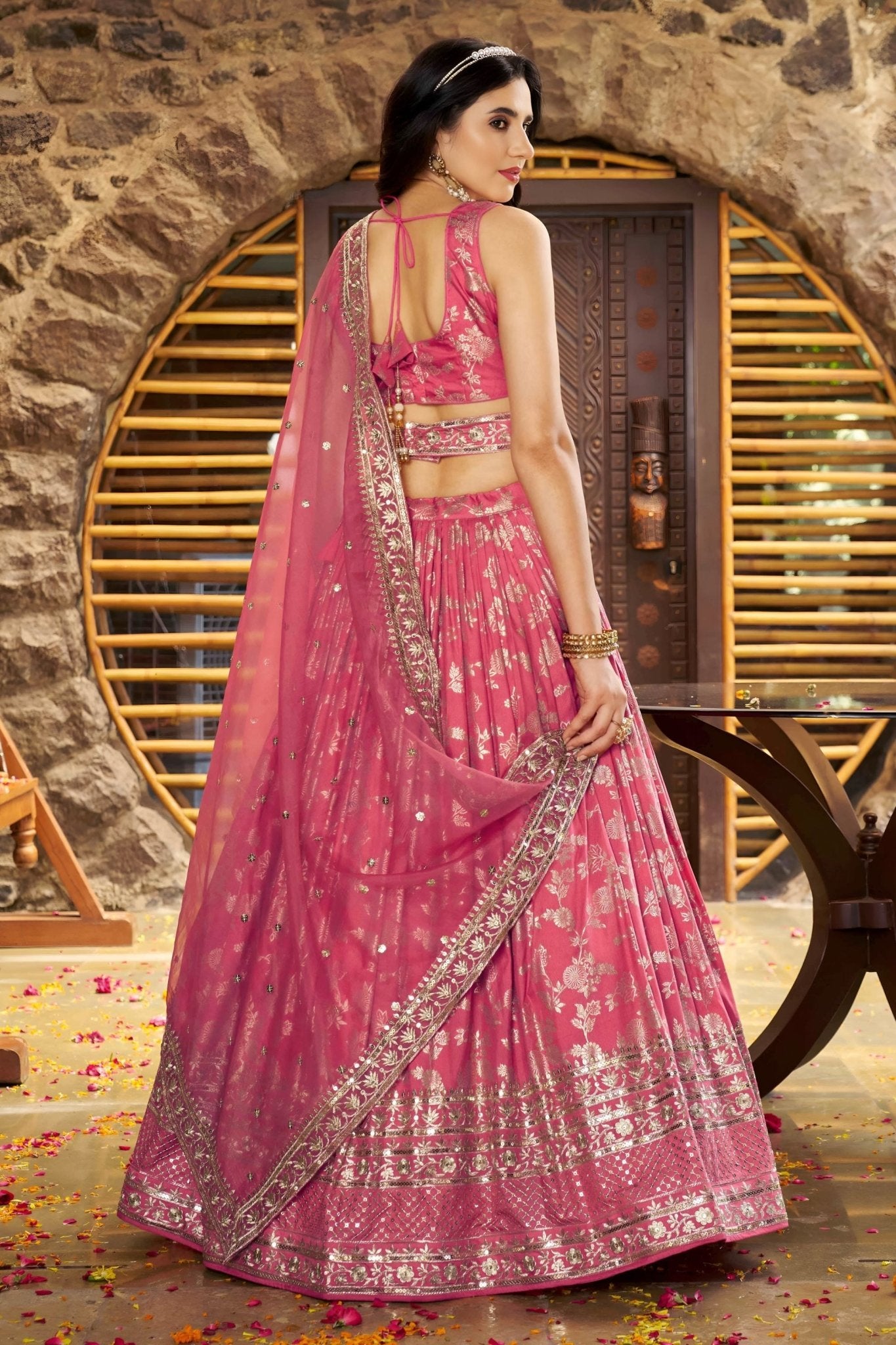 Peach Pink Embroidered Silk Lehenga Choli with Foil Work and Net Dupatta - Mangaldeep NX