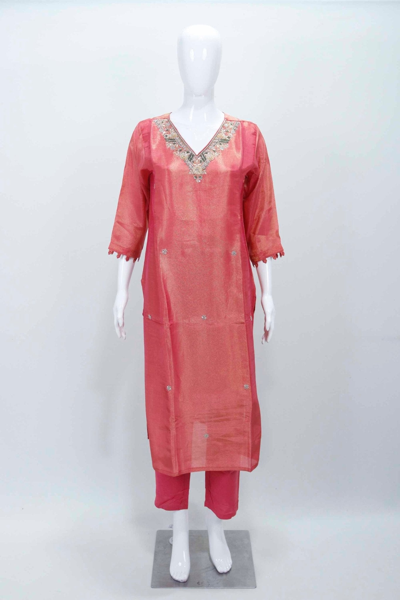Peach Pink Silk Blend Kurta Set with Embroidered Neckline and Printed Organza Dupatta - Mangaldeep NX