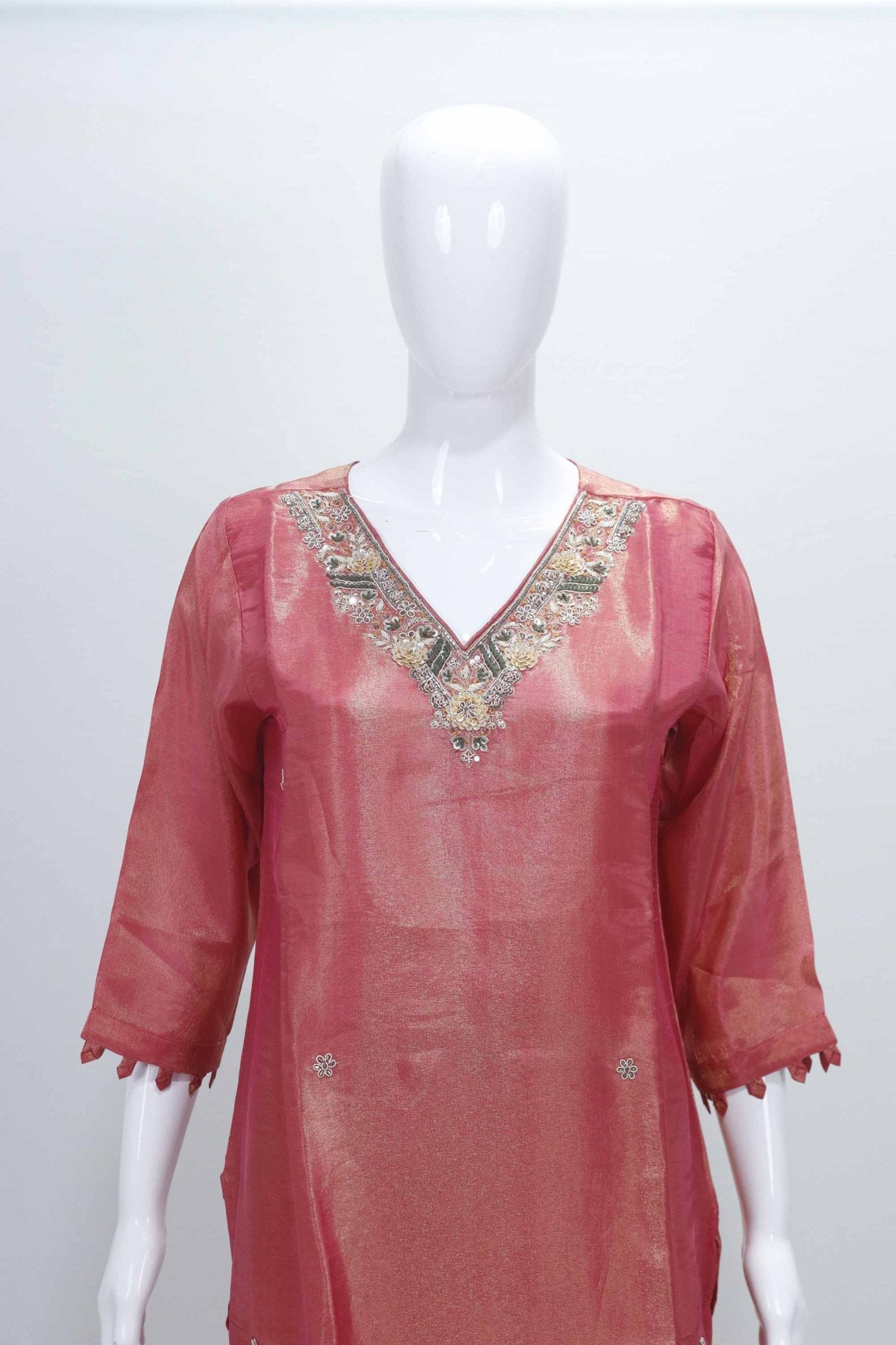 Peach Pink Silk Blend Kurta Set with Embroidered Neckline and Printed Organza Dupatta - Mangaldeep NX